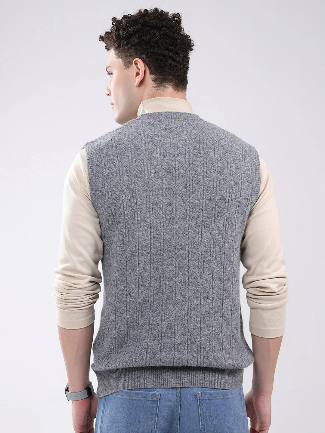 Men Grey Self Design V Neck Sleeveless Sweater - Image 5