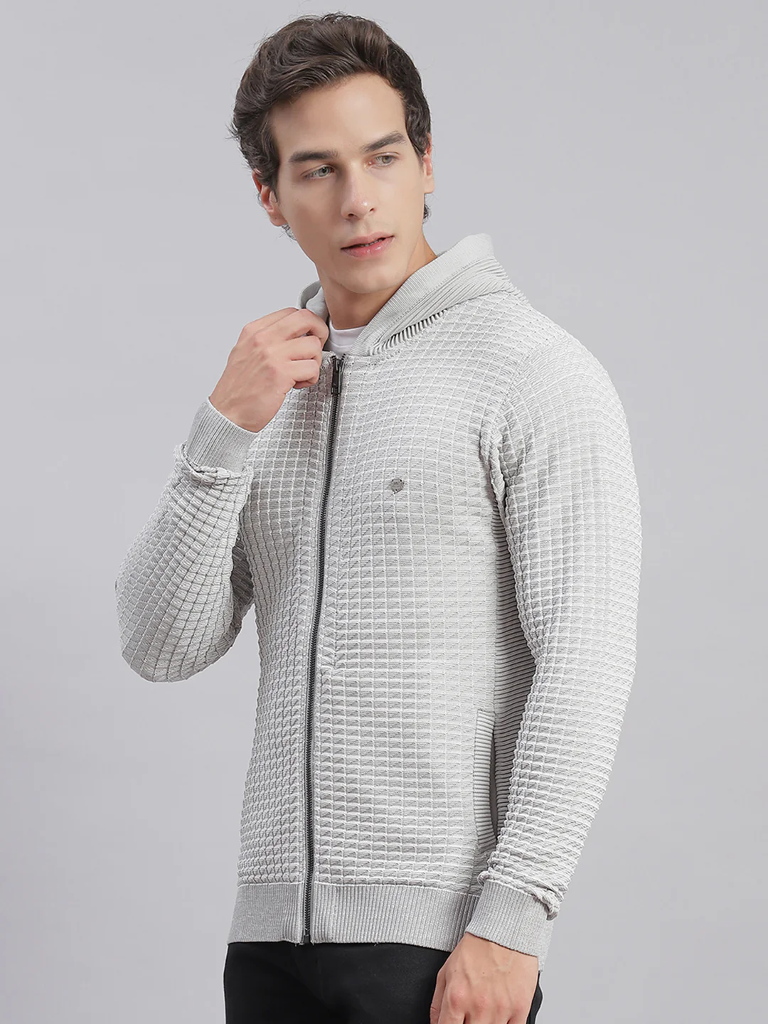 Men Grey Self Design Hooded Full Sleeve Sweaters/Pullovers - Image 4
