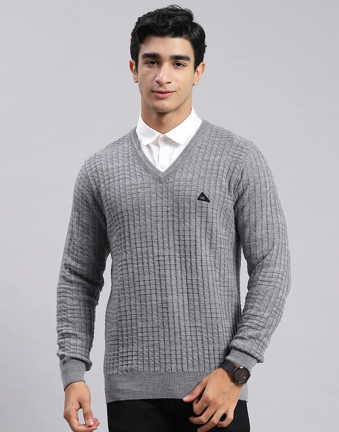 Men Grey Self Design V Neck Full Sleeve Sweaters/Pullovers - Image 3