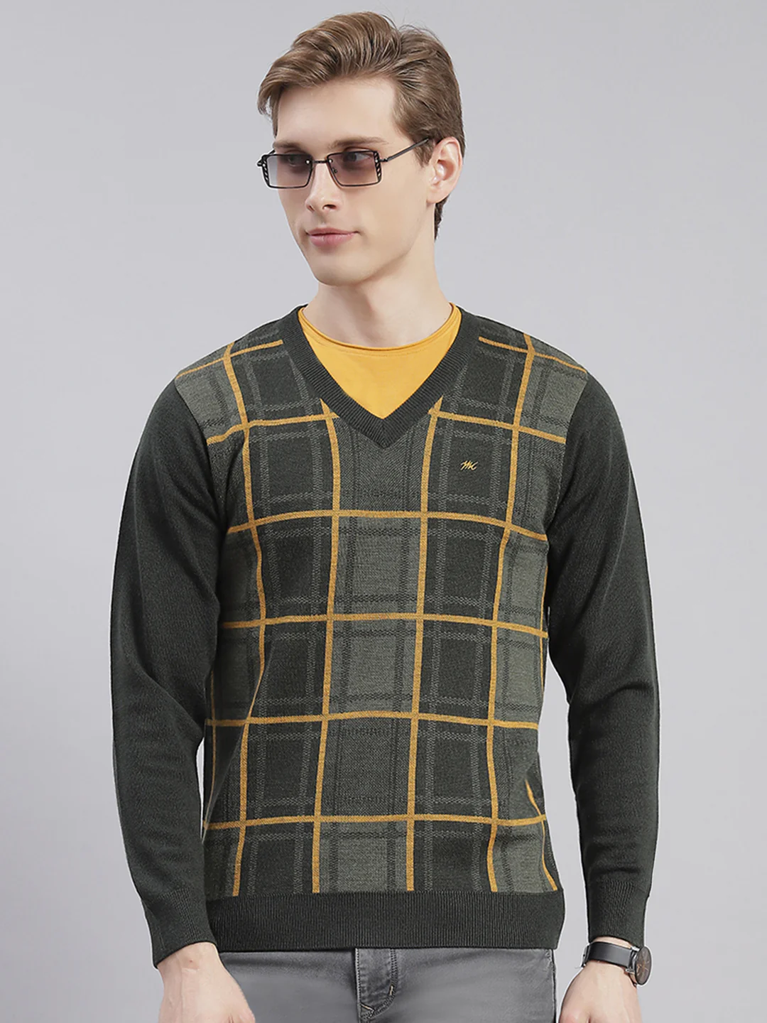 Men Grey Self Design V Neck Full Sleeve Sweaters/Pullovers - Image 2