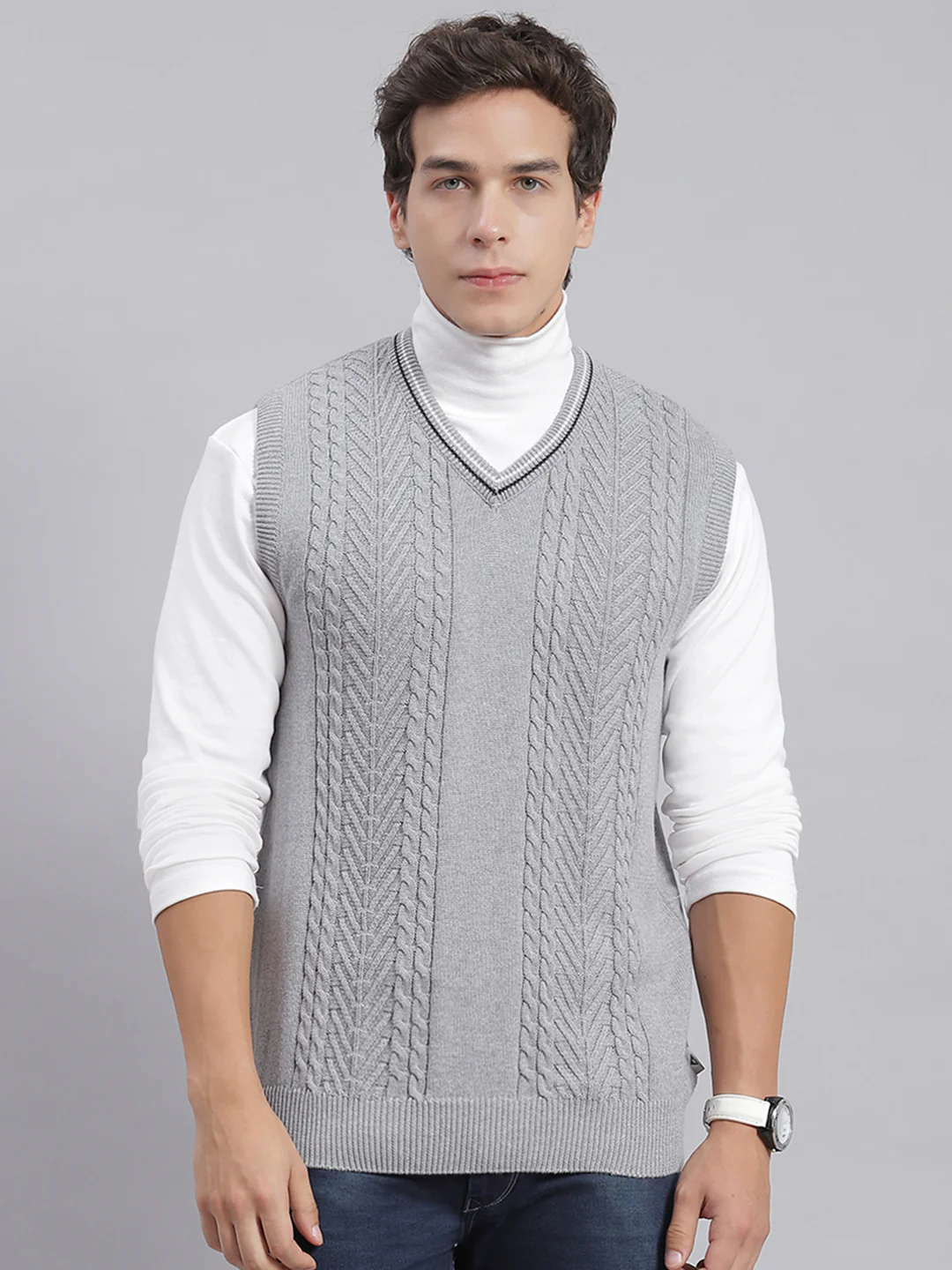Men Grey Self Design V Neck Sleeveless Sweaters/Pullovers - Image 3