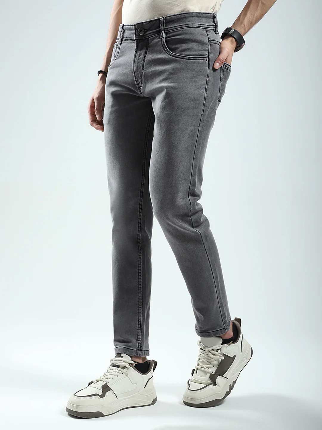 Men Grey Solid Ankle Length Denim - Image 3
