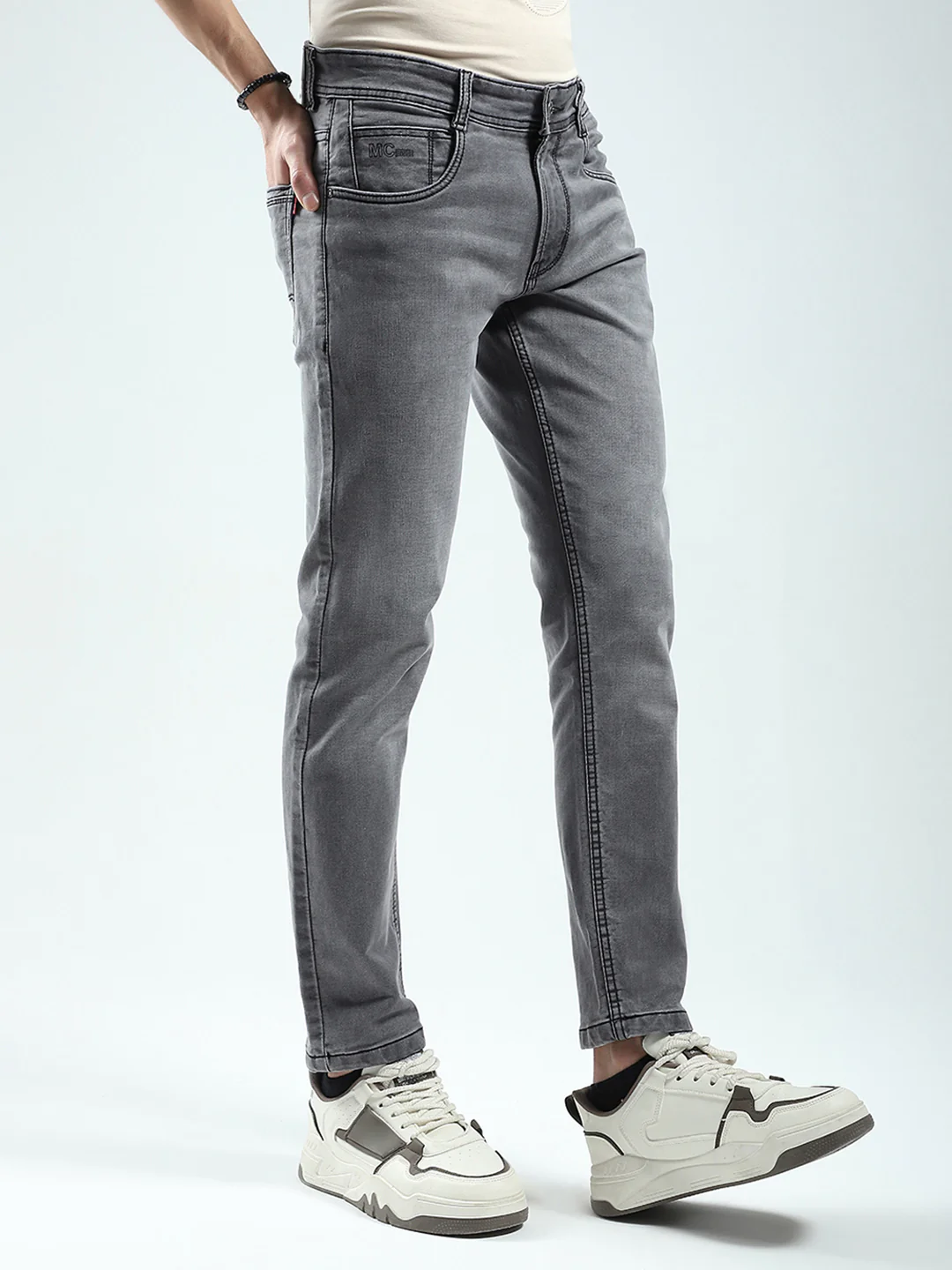 Men Grey Solid Ankle Length Denim - Image 4