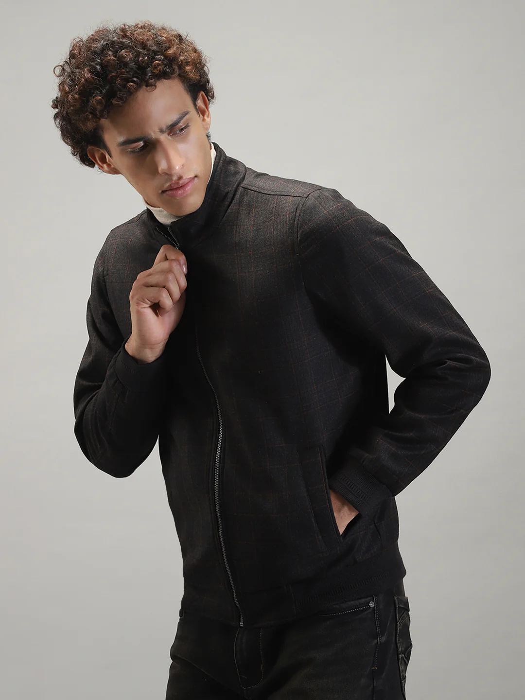 Men Grey Solid Band Collar Full Sleeve Jacket - Image 3