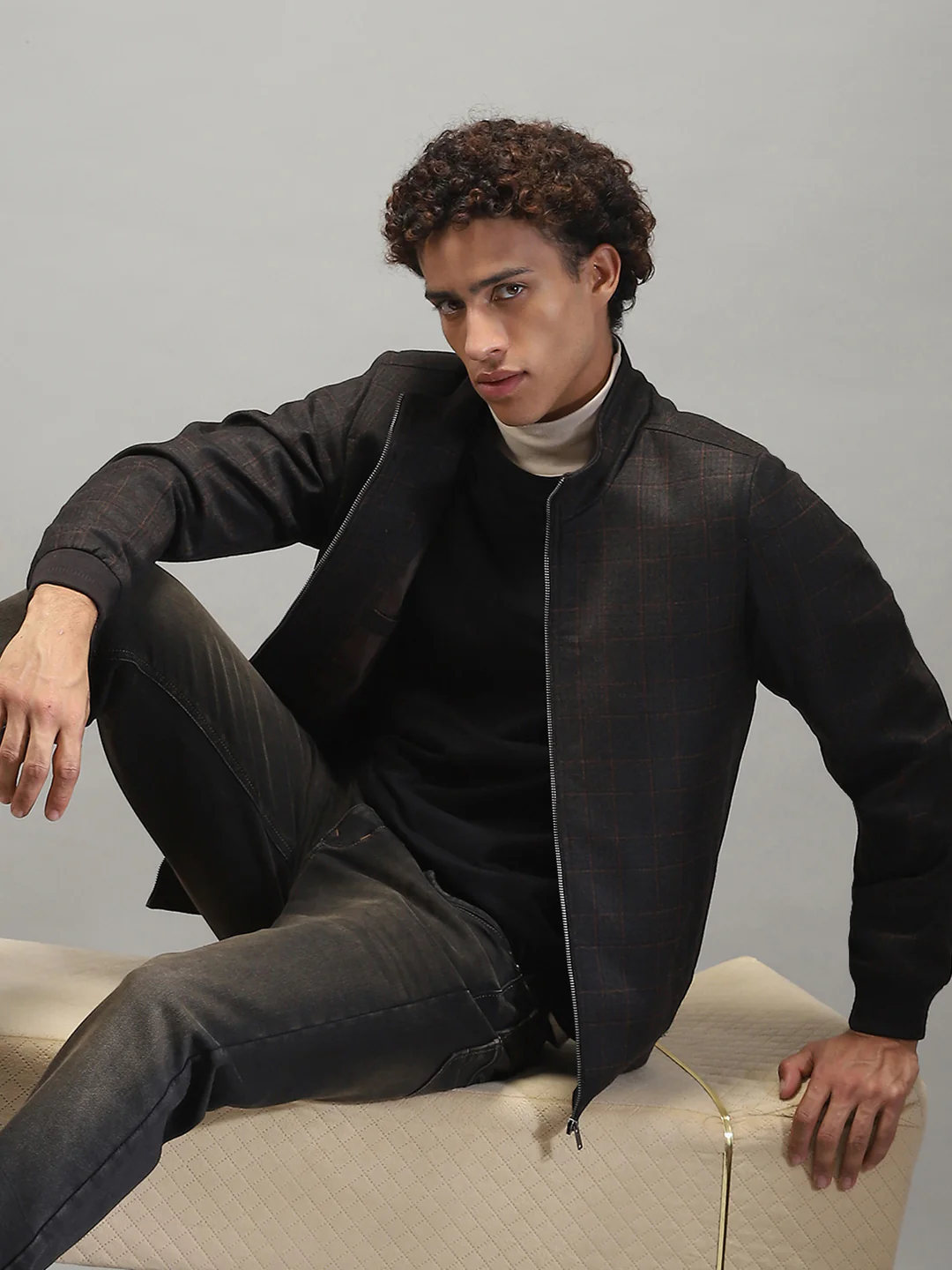Men Grey Solid Band Collar Full Sleeve Jacket - Image 6
