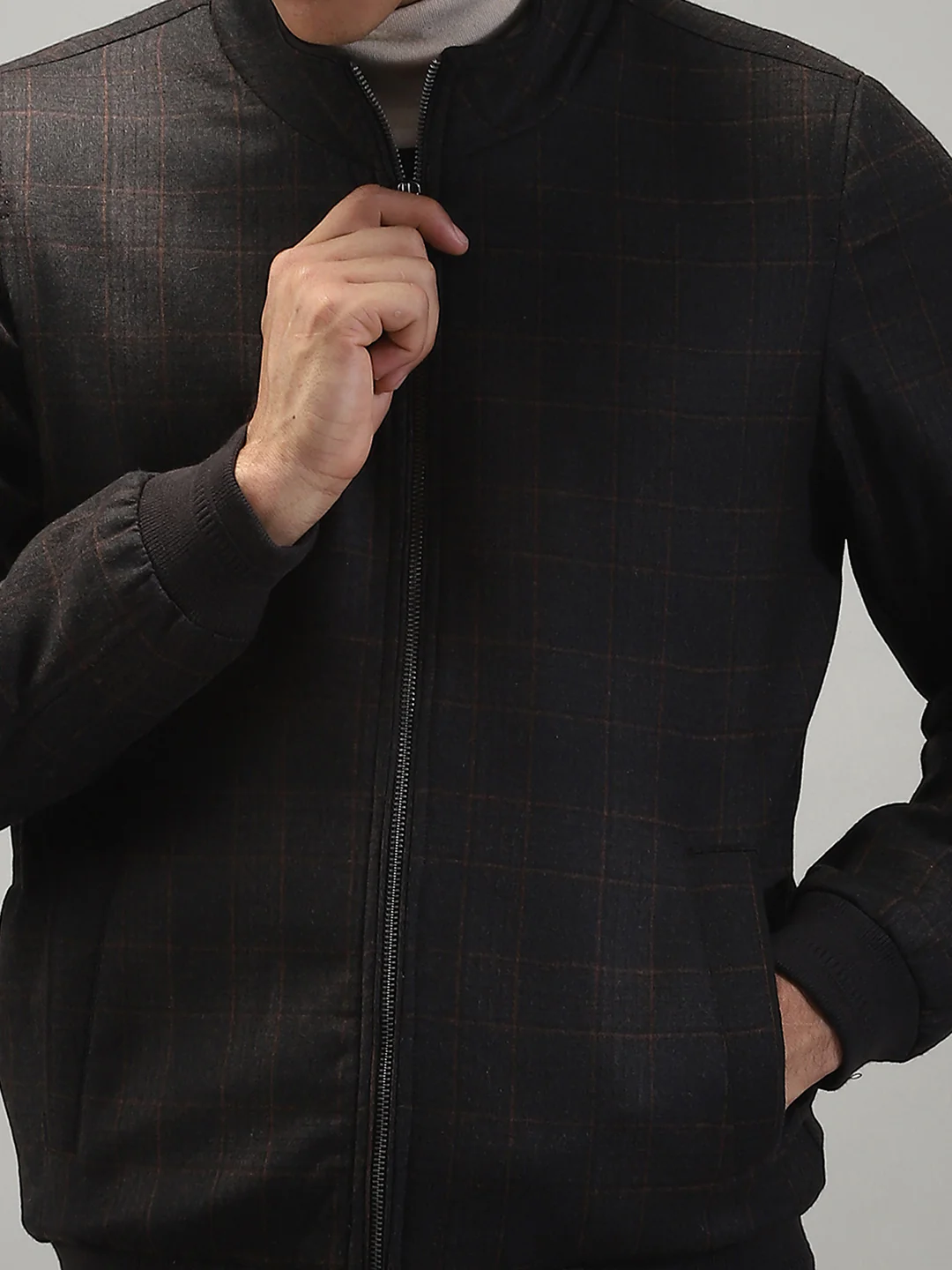 Men Grey Solid Band Collar Full Sleeve Jacket - Image 7