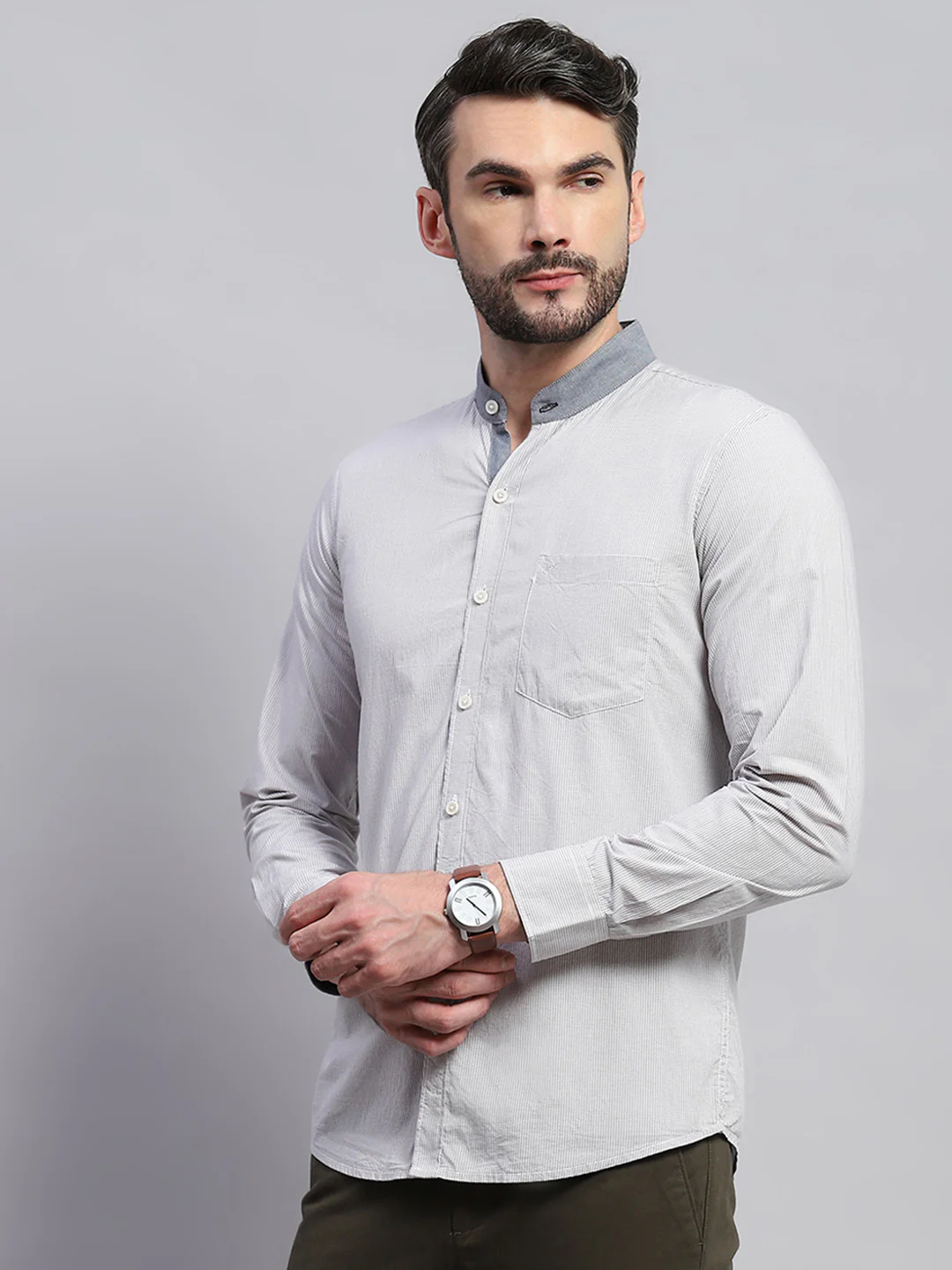 Men Grey Solid Band Collar Full Sleeve Shirt - Image 3