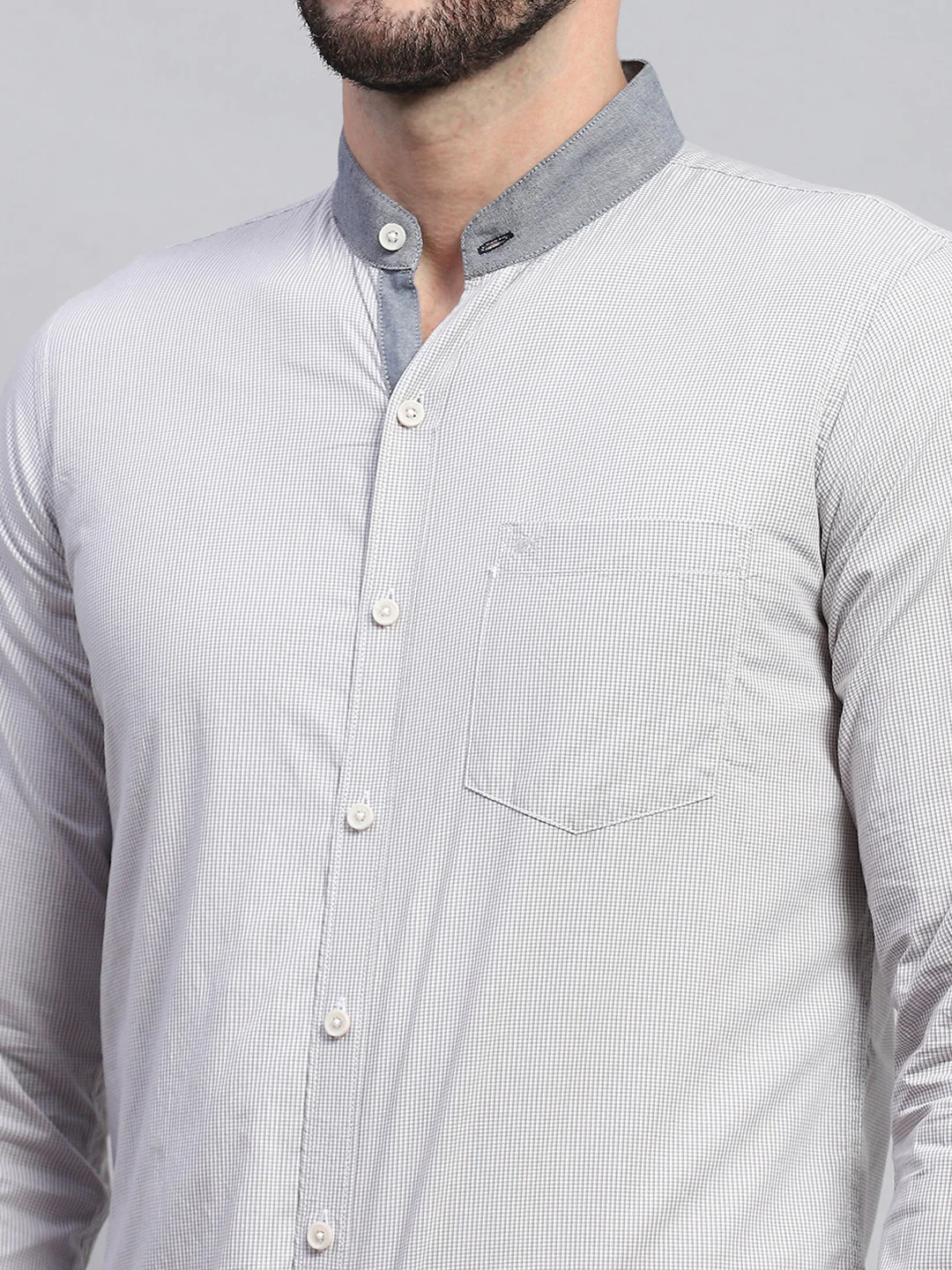 Men Grey Solid Band Collar Full Sleeve Shirt - Image 6