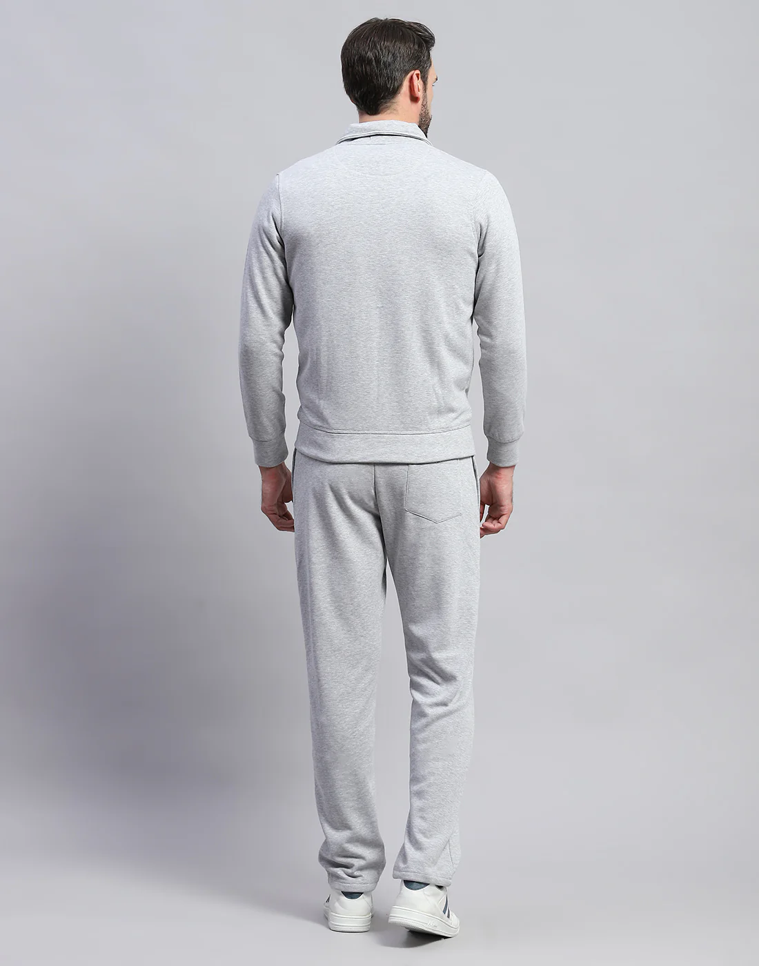 Men Grey Solid Band Collar Full Sleeve Winter Tracksuit - Image 5