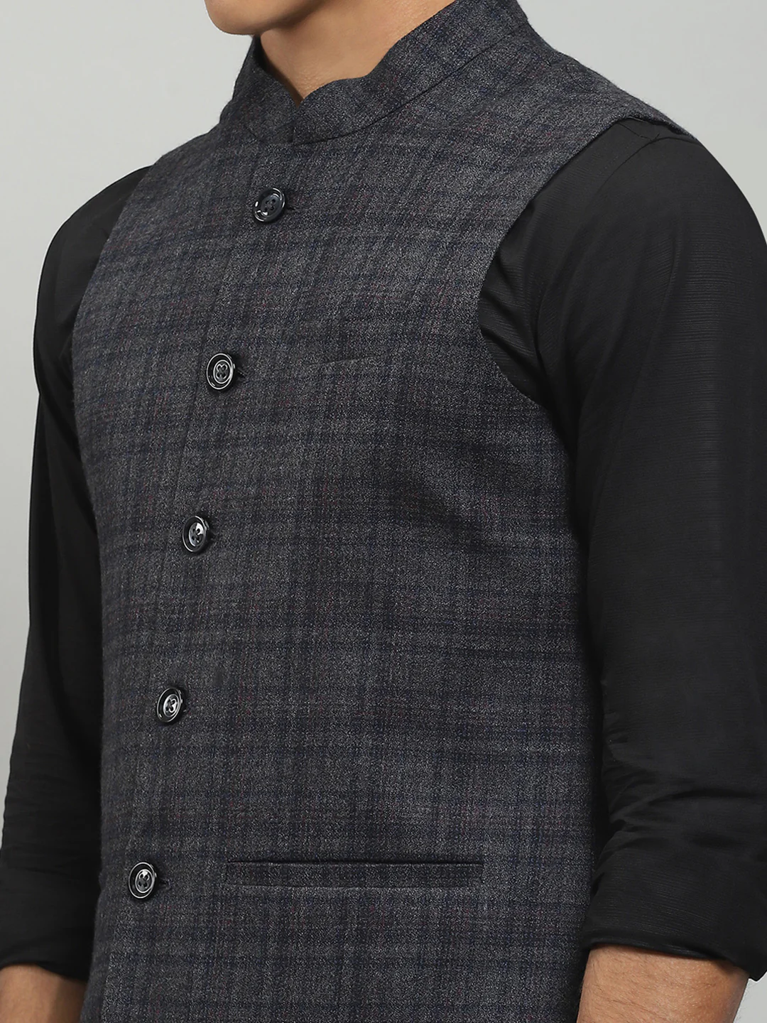 Men Grey Solid Band Collar Sleeveless Jacket - Image 7