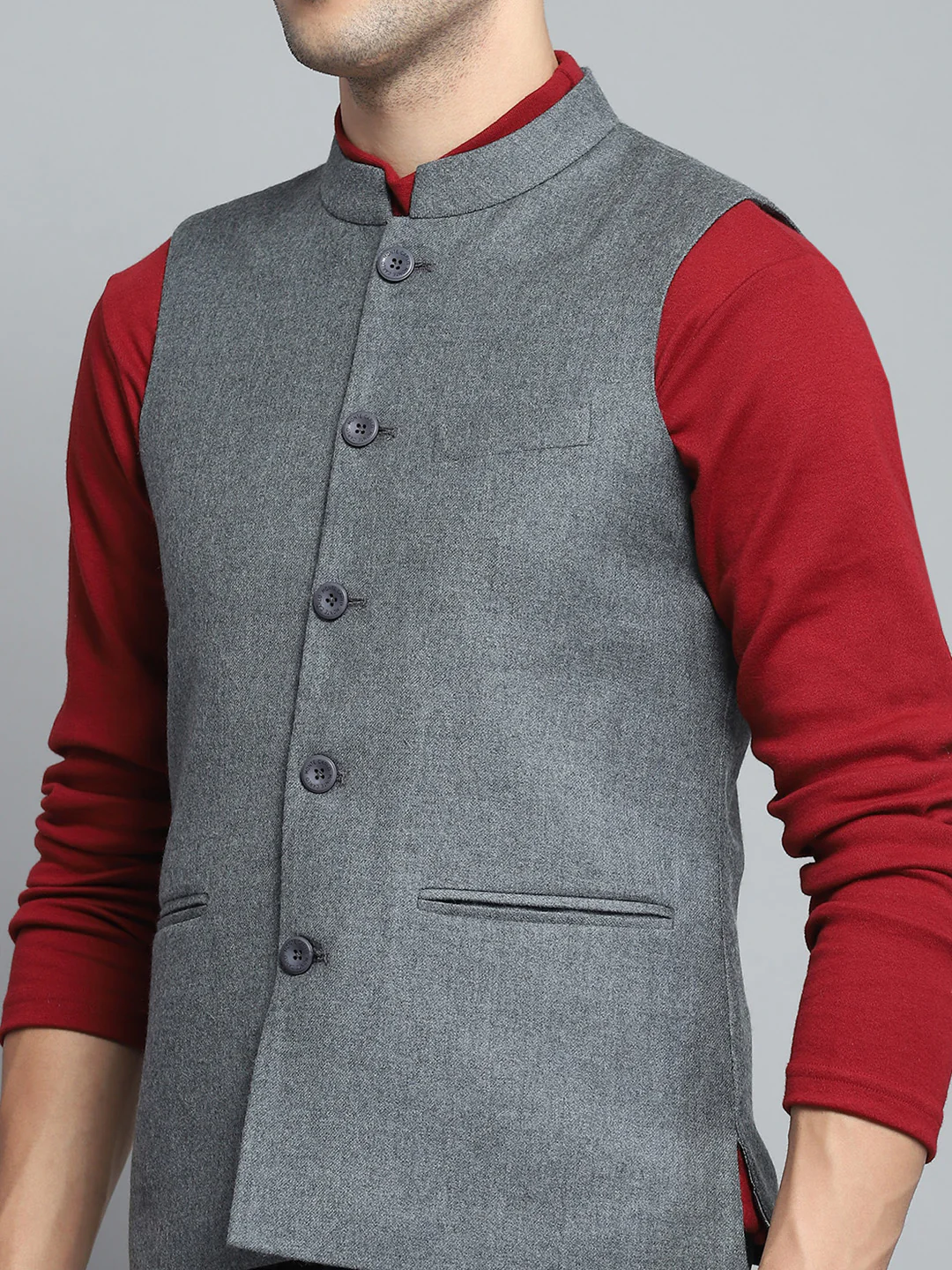 Men Grey Solid Band Collar Sleeveless Nehru Jacket - Image 6