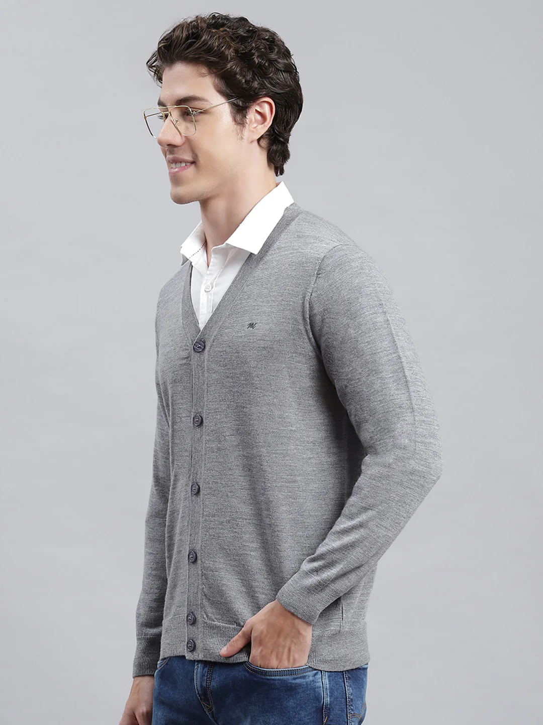 Men Grey Solid Cardigan - Image 4