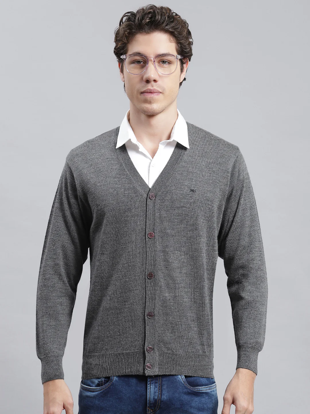 Men Grey Solid Cardigan - Image 2