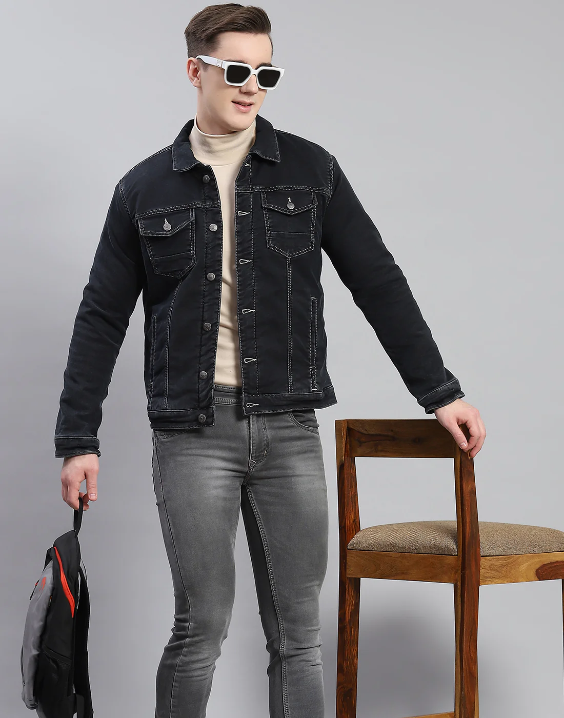 Men Grey Solid Collar Full Sleeve Jacket - Image 2