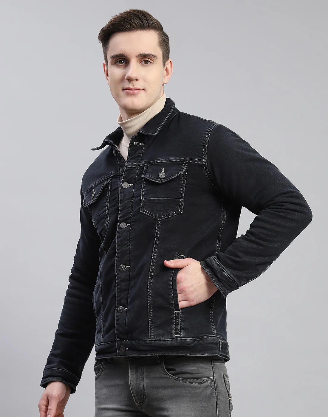 Men Grey Solid Collar Full Sleeve Jacket - Image 5