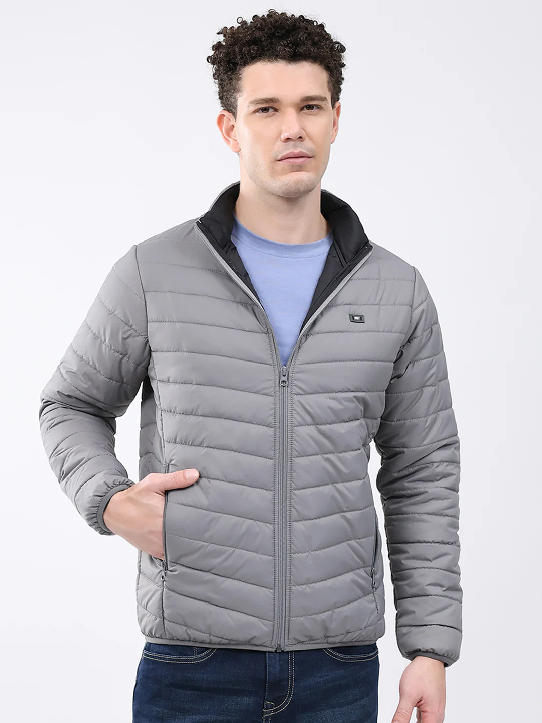 Men Grey Solid Collar Full Sleeve Jacket