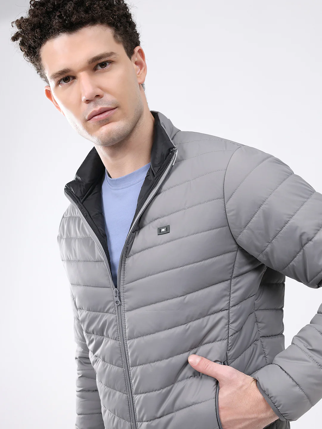 Men Grey Solid Collar Full Sleeve Jacket - Image 6