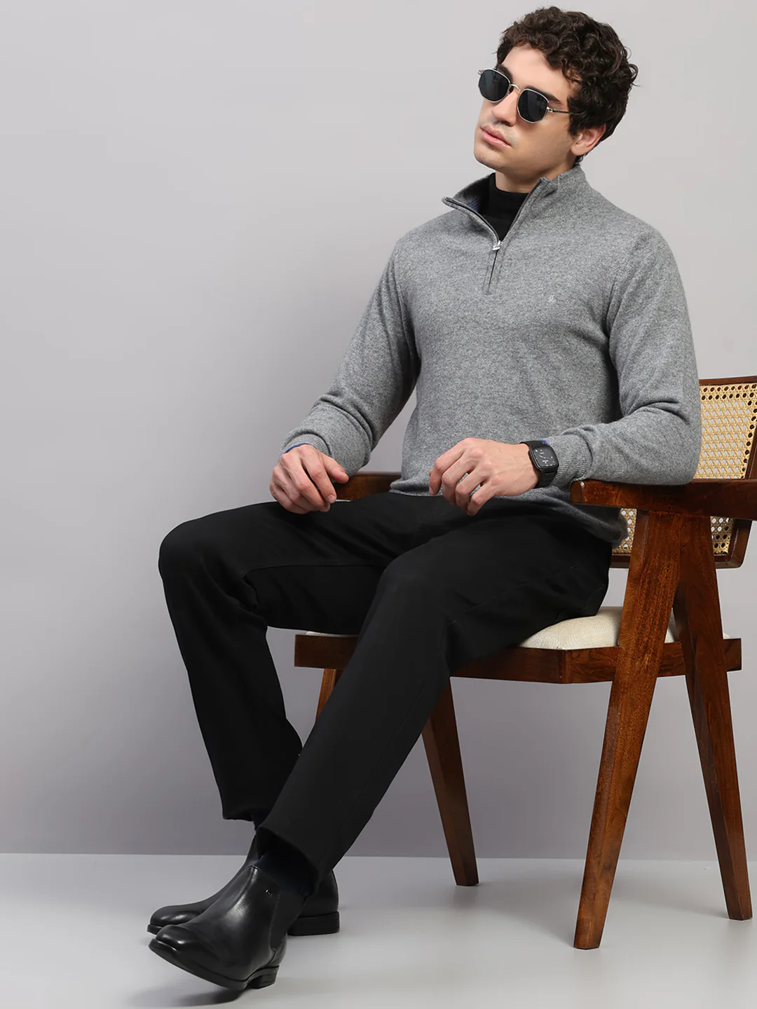 Luxuria Men Grey Solid Collar Full Sleeve Pullover - Image 2