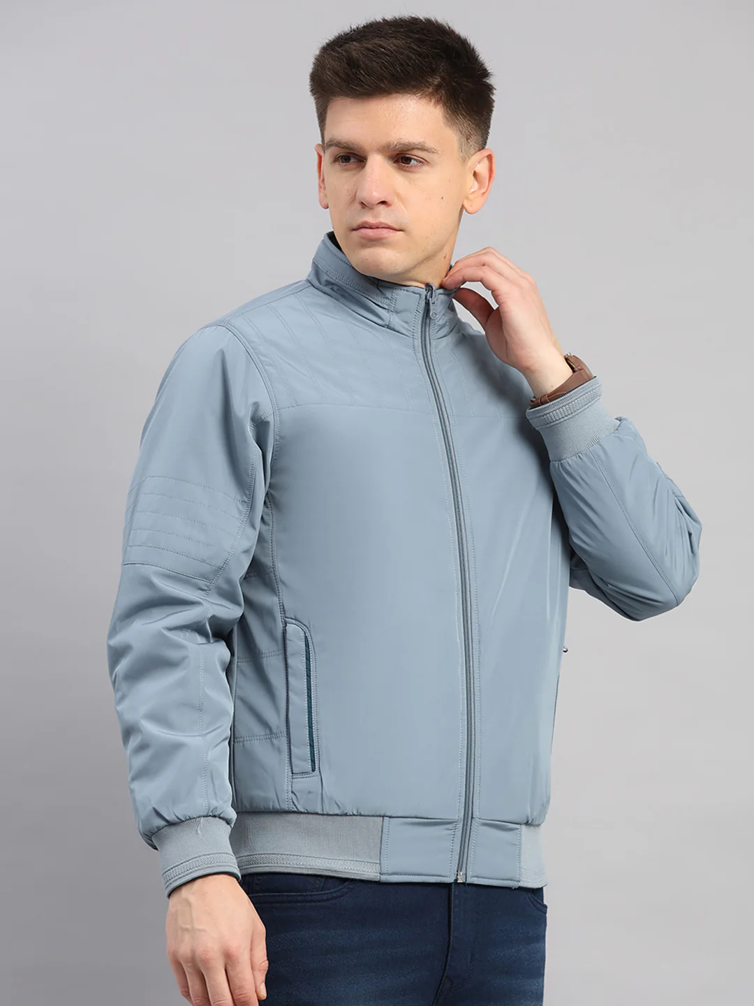 Men Grey Solid Collar Full Sleeve Reversible Jacket - Image 4