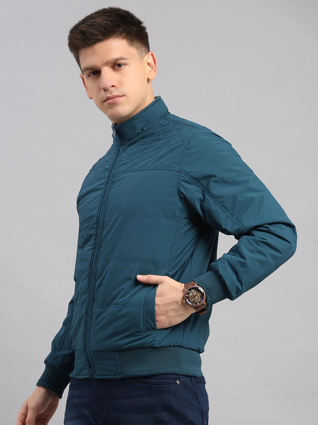 Men Grey Solid Collar Full Sleeve Reversible Jacket - Image 8