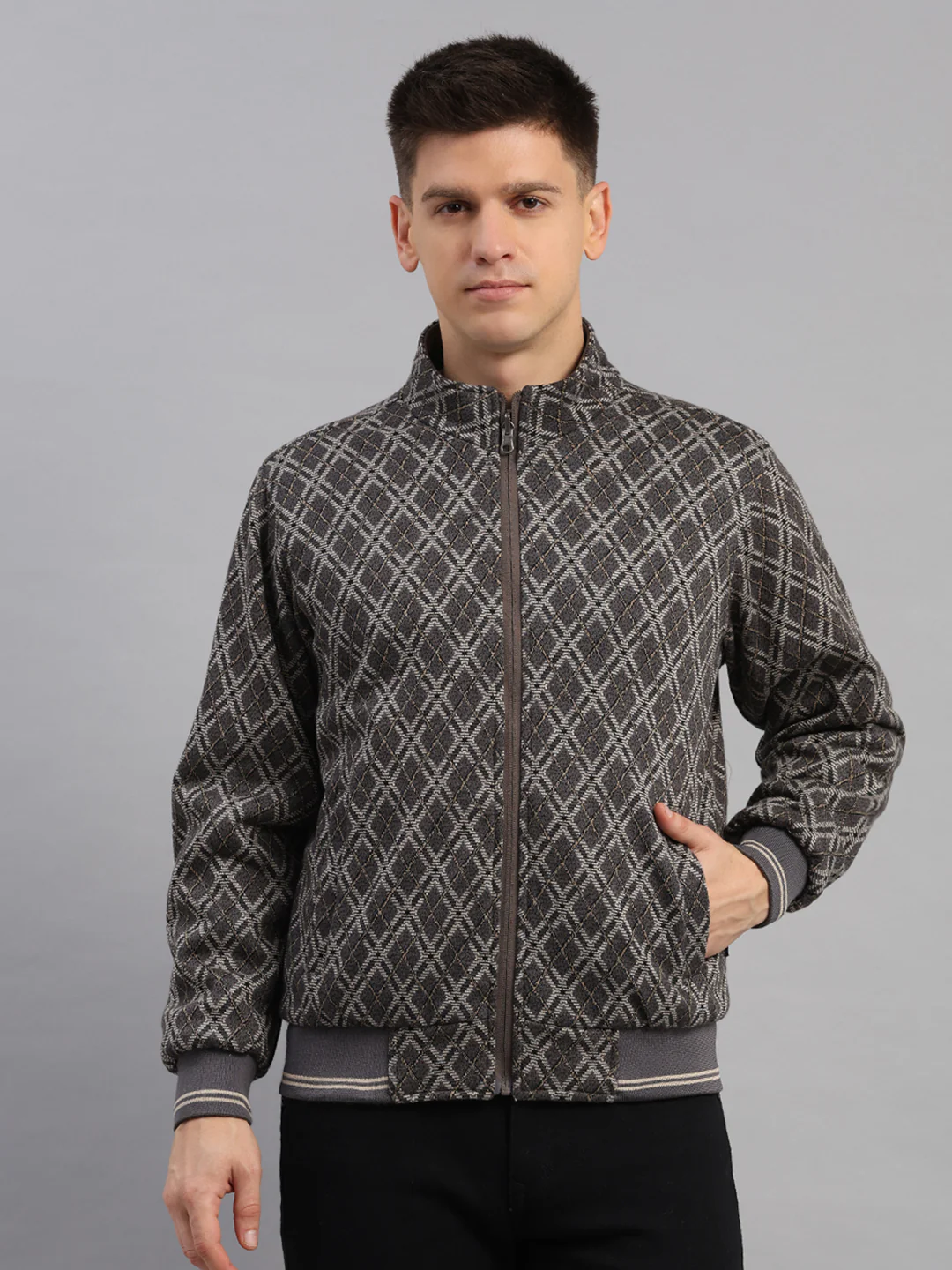 Men Grey Solid Collar Full Sleeve Reversible Jacket - Image 7