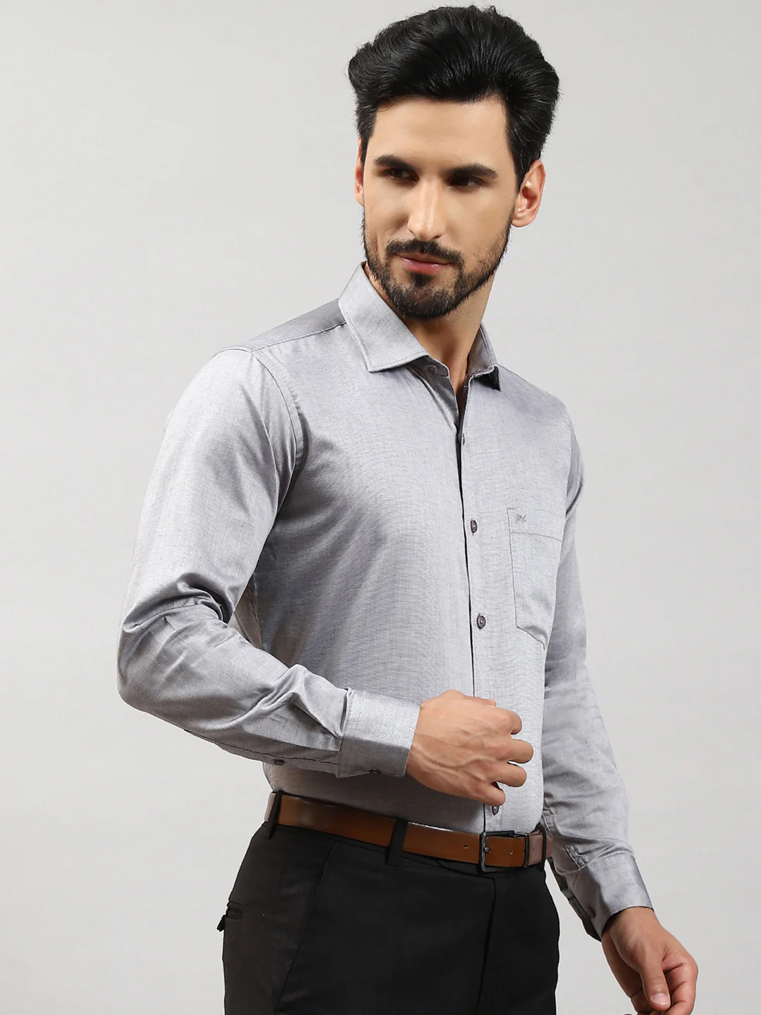 Men Grey Solid Collar Full Sleeve Shirts - Image 4