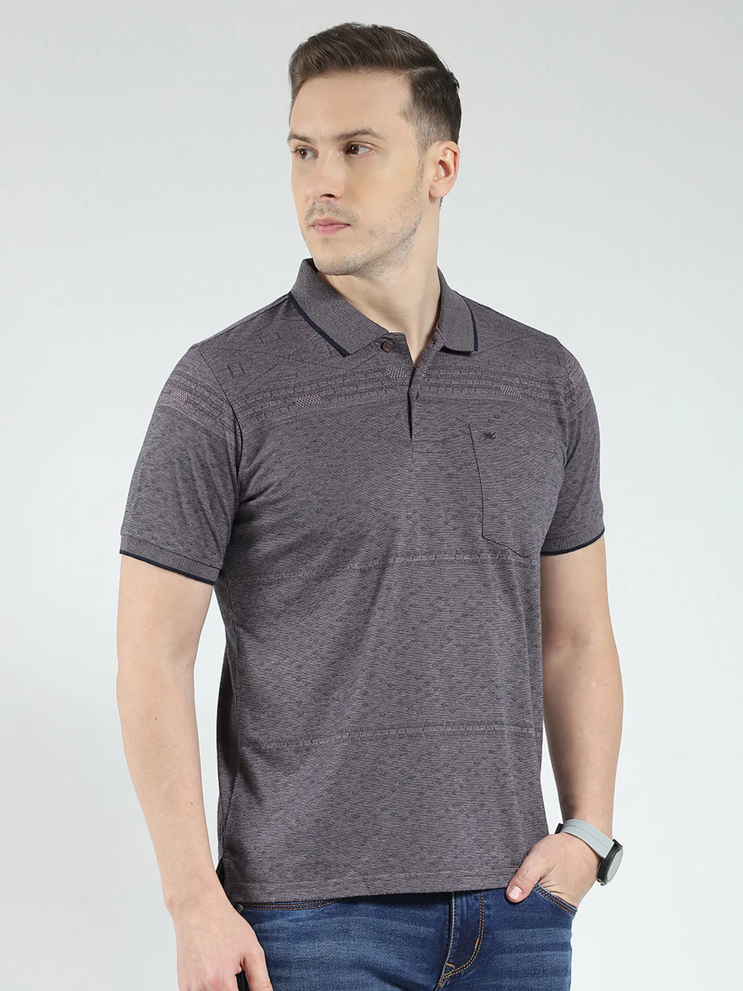Men Grey Solid Collar Half Sleeve T-Shirt - Image 4