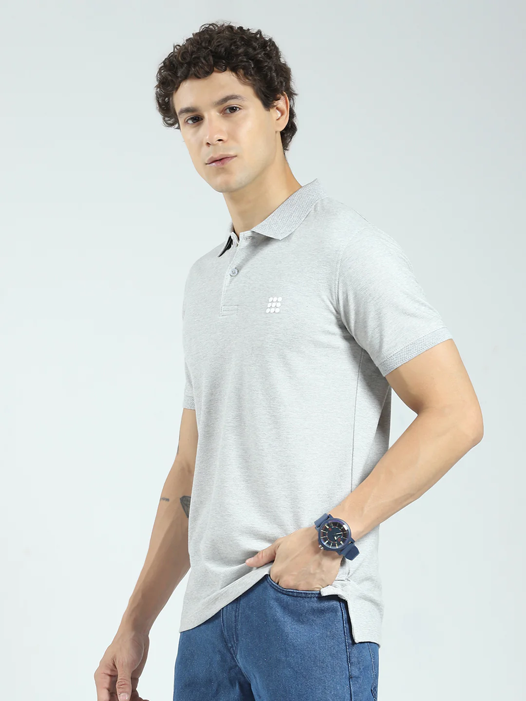 Rock.it Men Grey Solid Collar Half Sleeve T-Shirt - Image 3