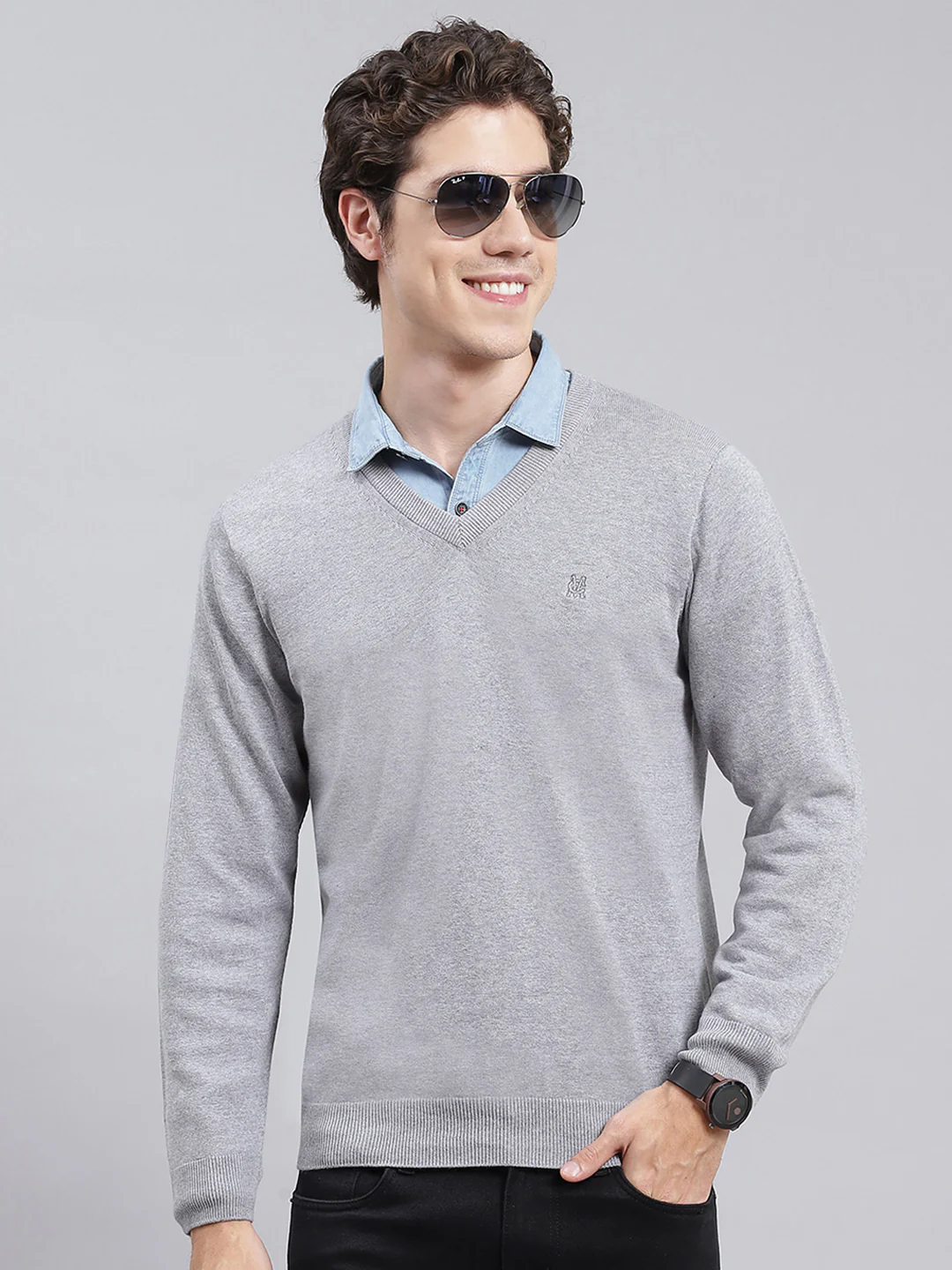 Men Grey Solid Cotton Pullover - Image 2