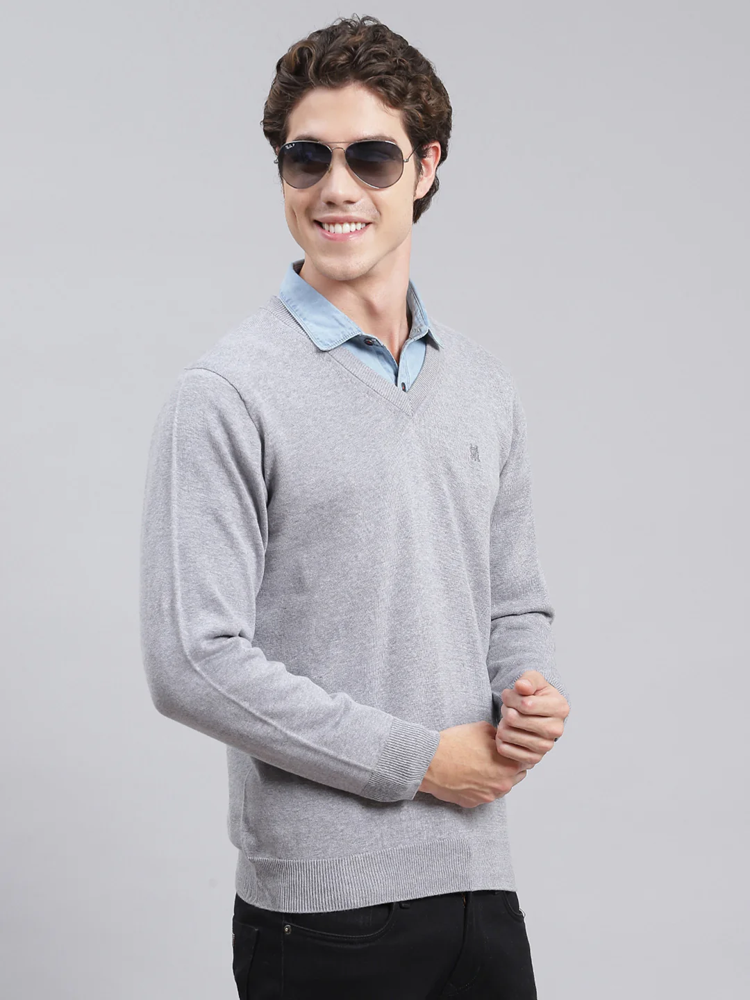 Men Grey Solid Cotton Pullover - Image 3