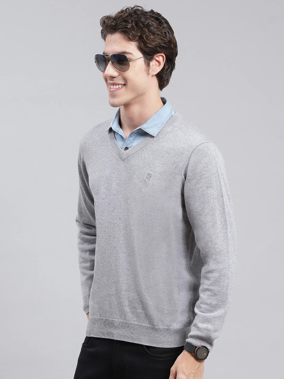 Men Grey Solid Cotton Pullover - Image 4