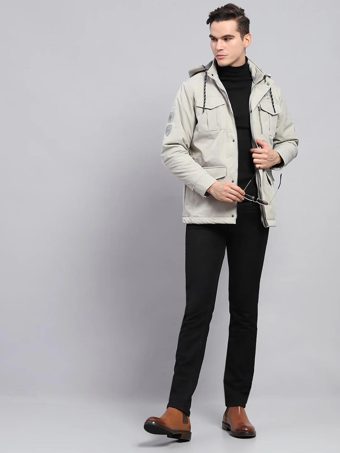 Men Grey Solid Detachable Hood Full Sleeve Jacket - Image 2