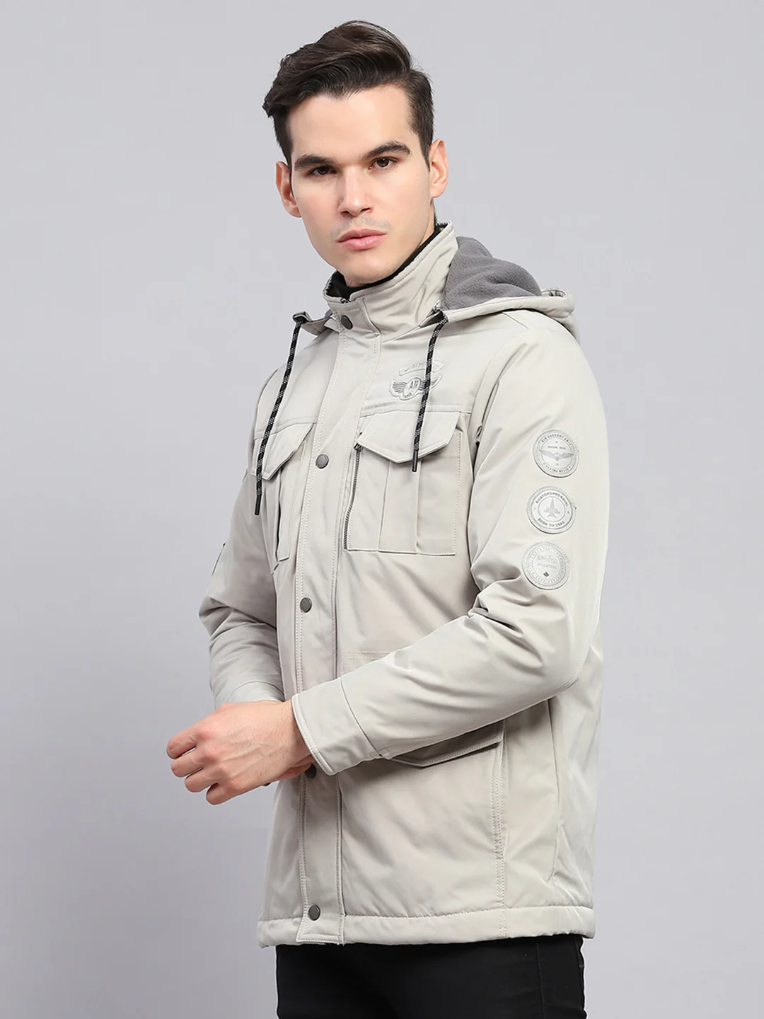 Men Grey Solid Detachable Hood Full Sleeve Jacket - Image 3