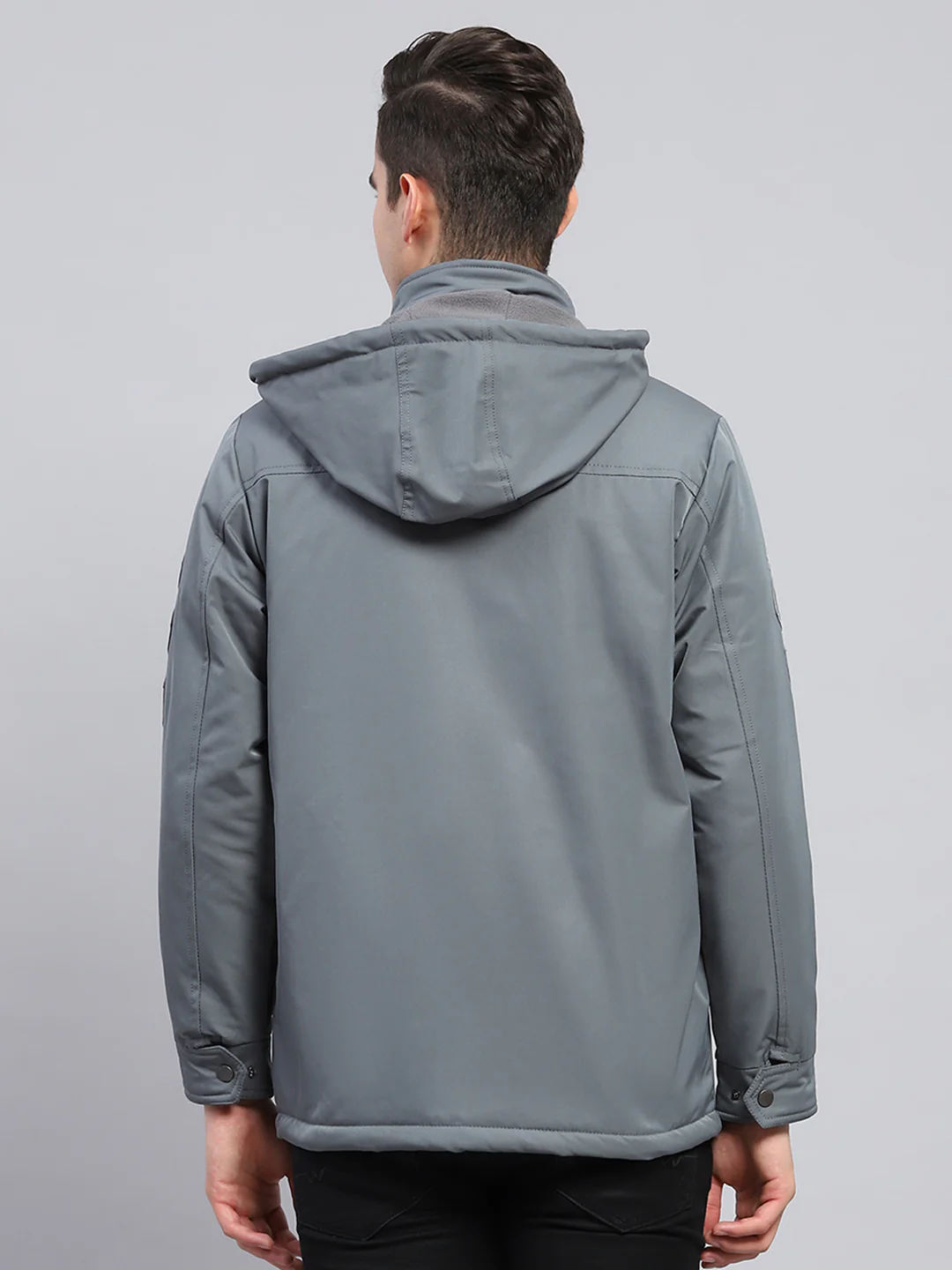 Men Grey Solid Detachable Hood Full Sleeve Jacket - Image 5