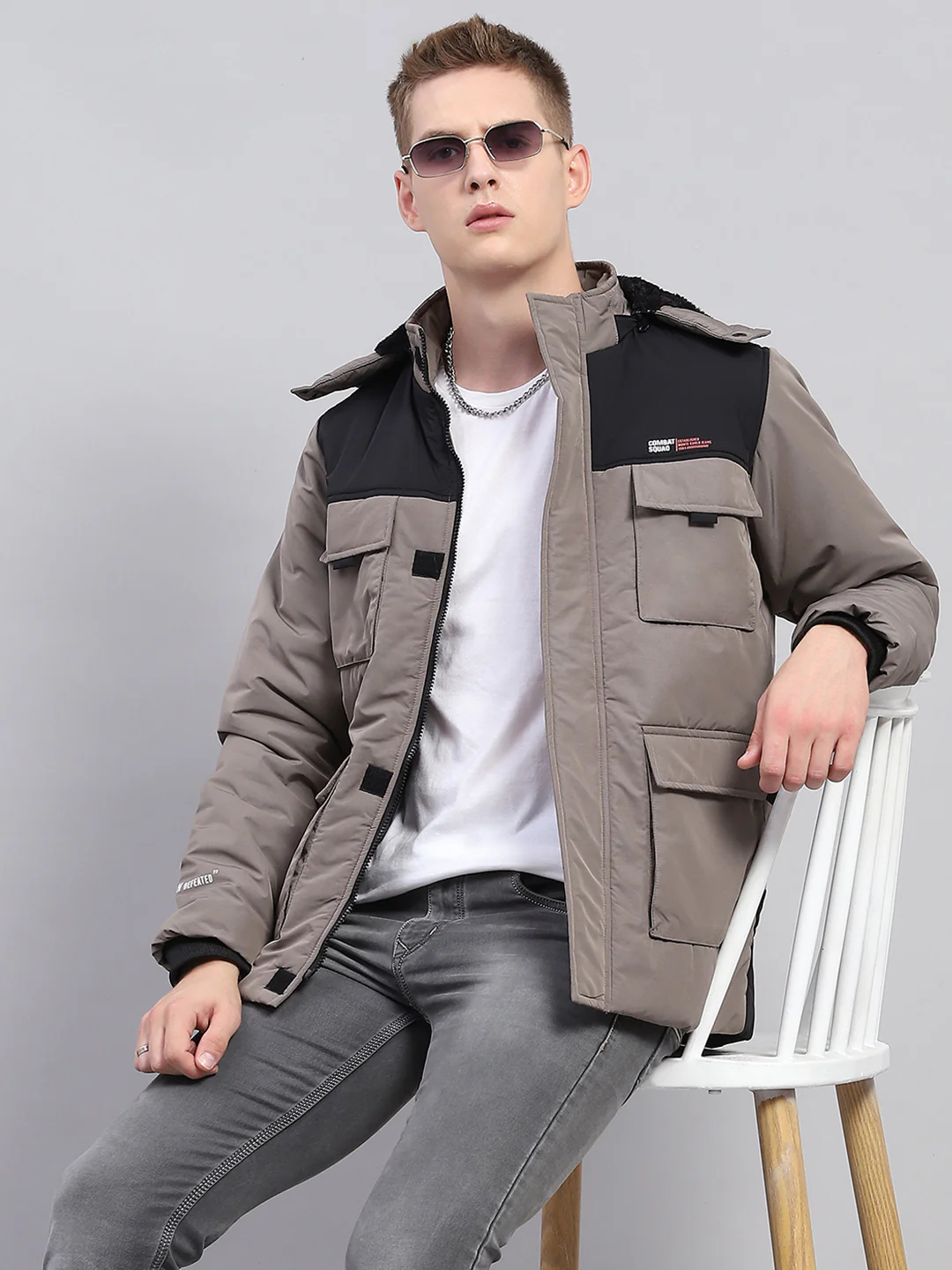 Men Grey Solid Detachable Hood Full Sleeve Jacket - Image 6