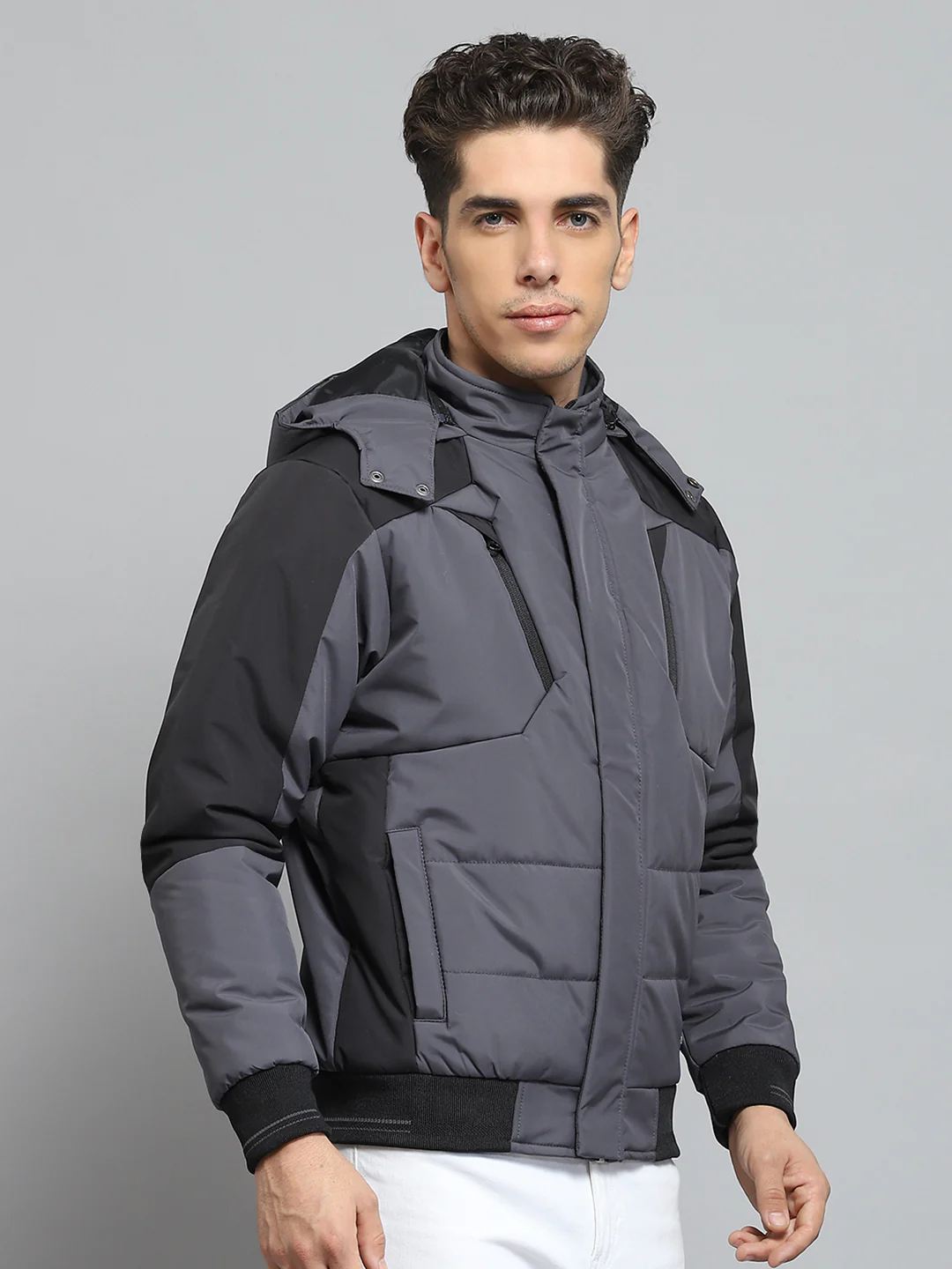 Men Grey Solid Detachable Hood Full Sleeve Jacket - Image 4