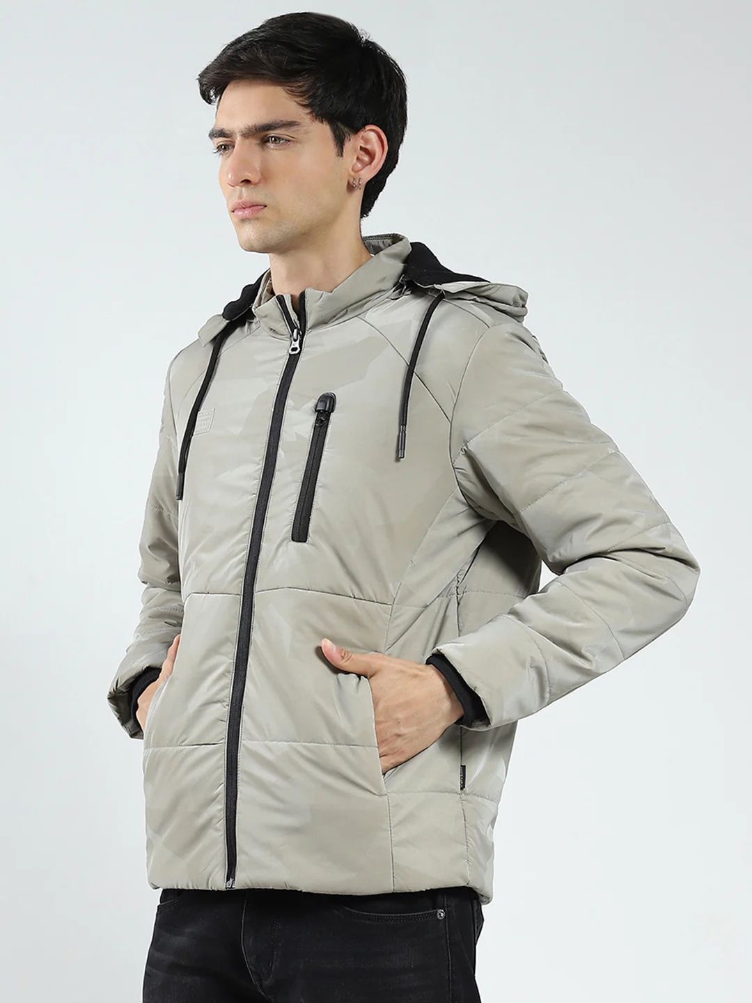 Men Grey Solid Detachable Hood Full Sleeve Jacket - Image 3