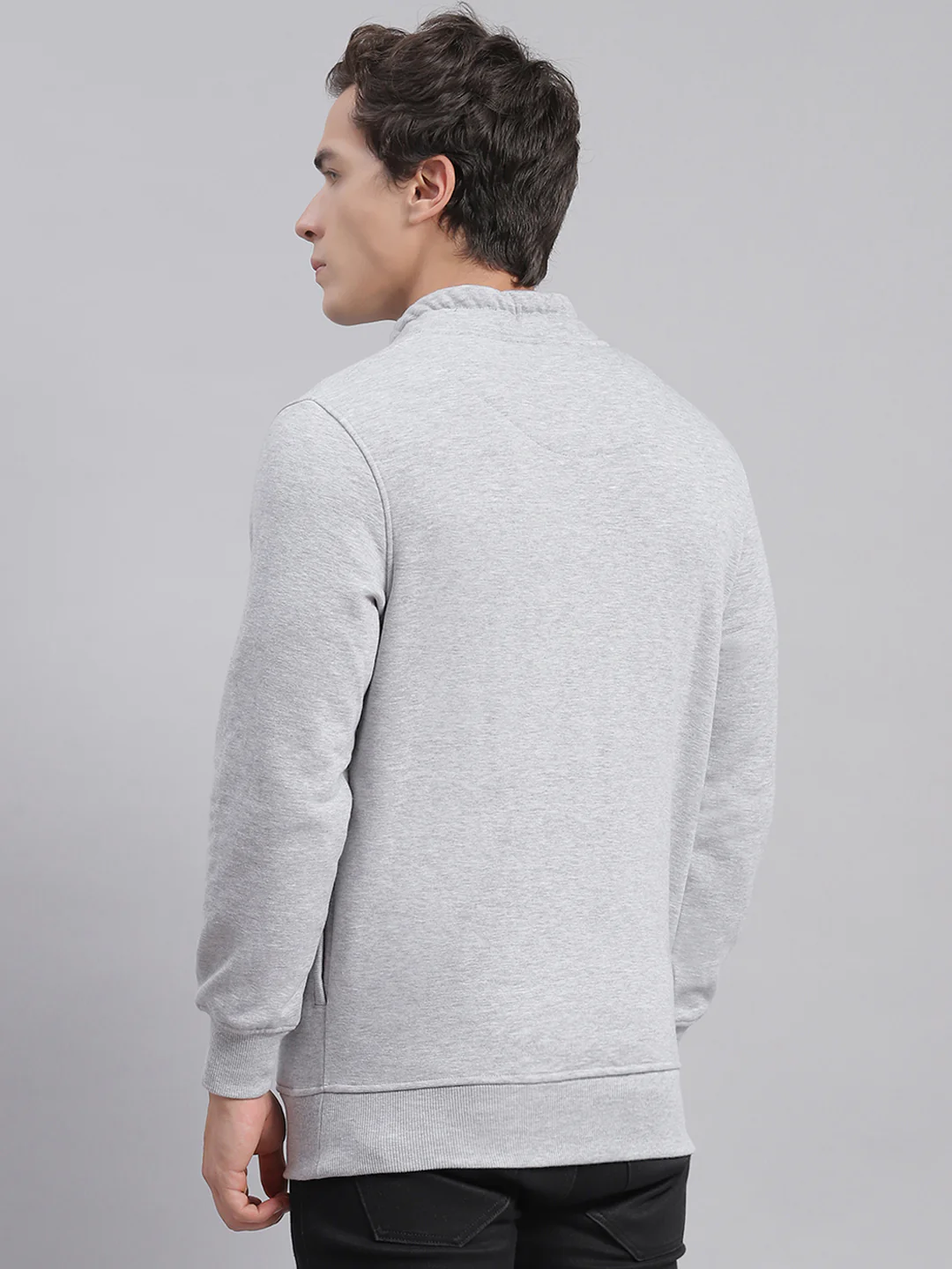 Men Grey Solid F Neck Full Sleeve Sweatshirts - Image 3