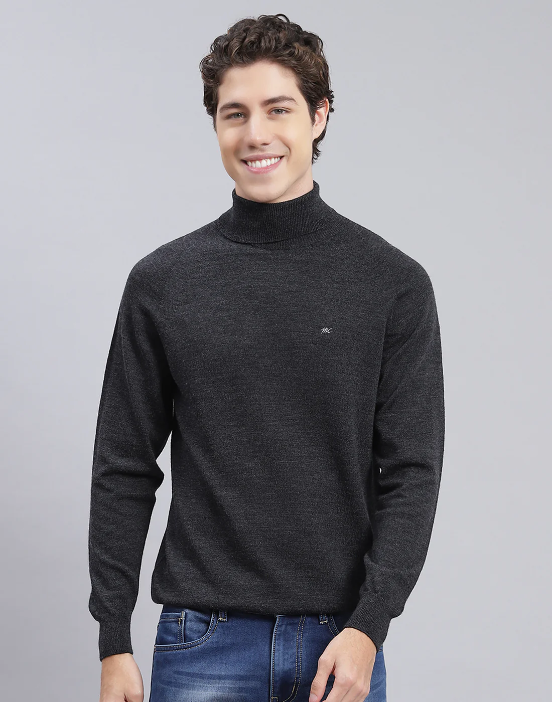 Men Grey Solid High Neck Full Sleeve Pullover - Image 2