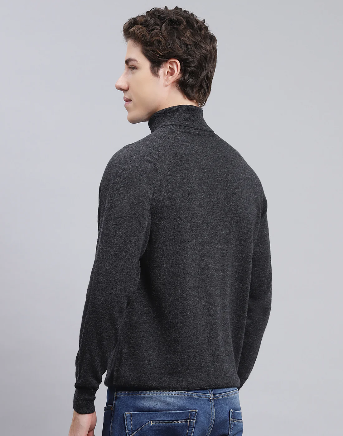 Men Grey Solid High Neck Full Sleeve Pullover - Image 5