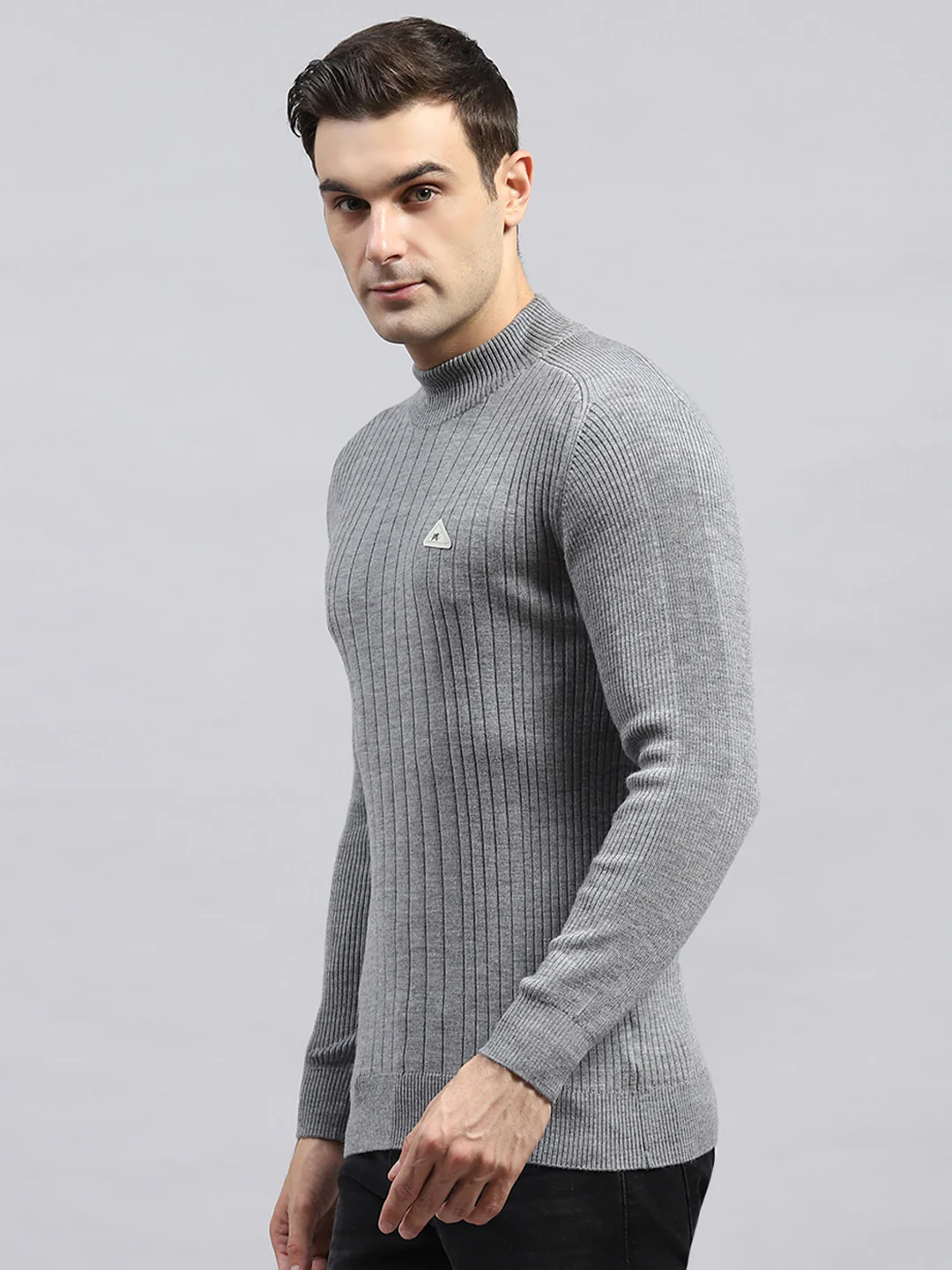 Men Grey Solid High Neck Full Sleeve Pullover - Image 3