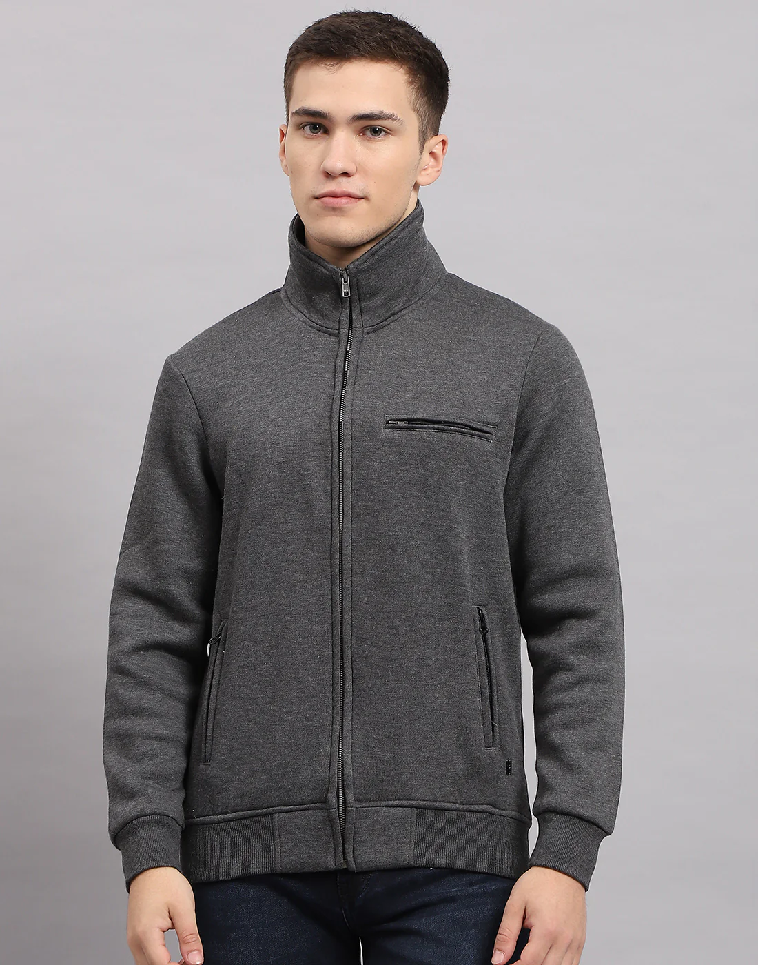 Men Grey Solid High Neck Full Sleeve Sweatshirt - Image 2