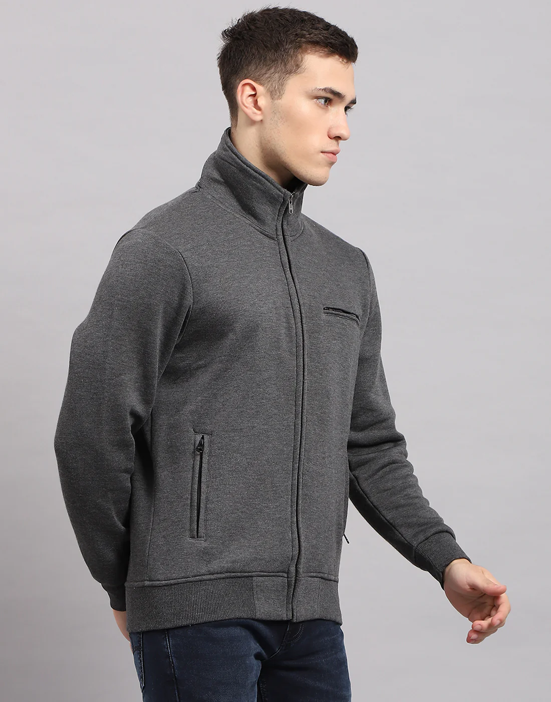 Men Grey Solid High Neck Full Sleeve Sweatshirt - Image 4