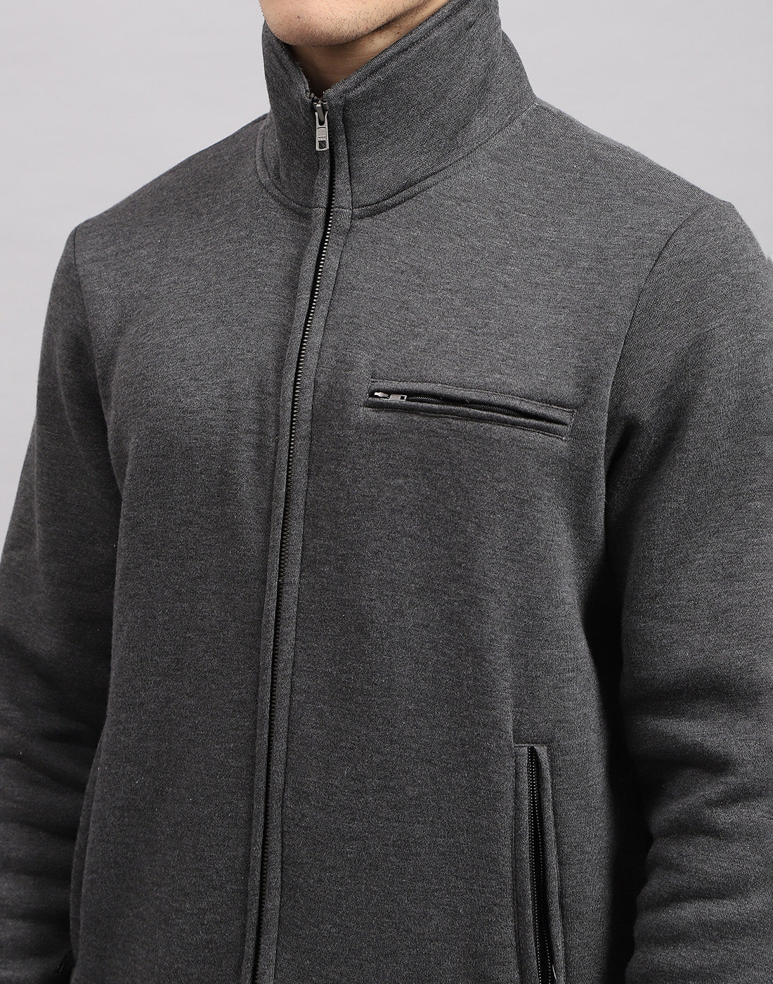 Men Grey Solid High Neck Full Sleeve Sweatshirt - Image 6