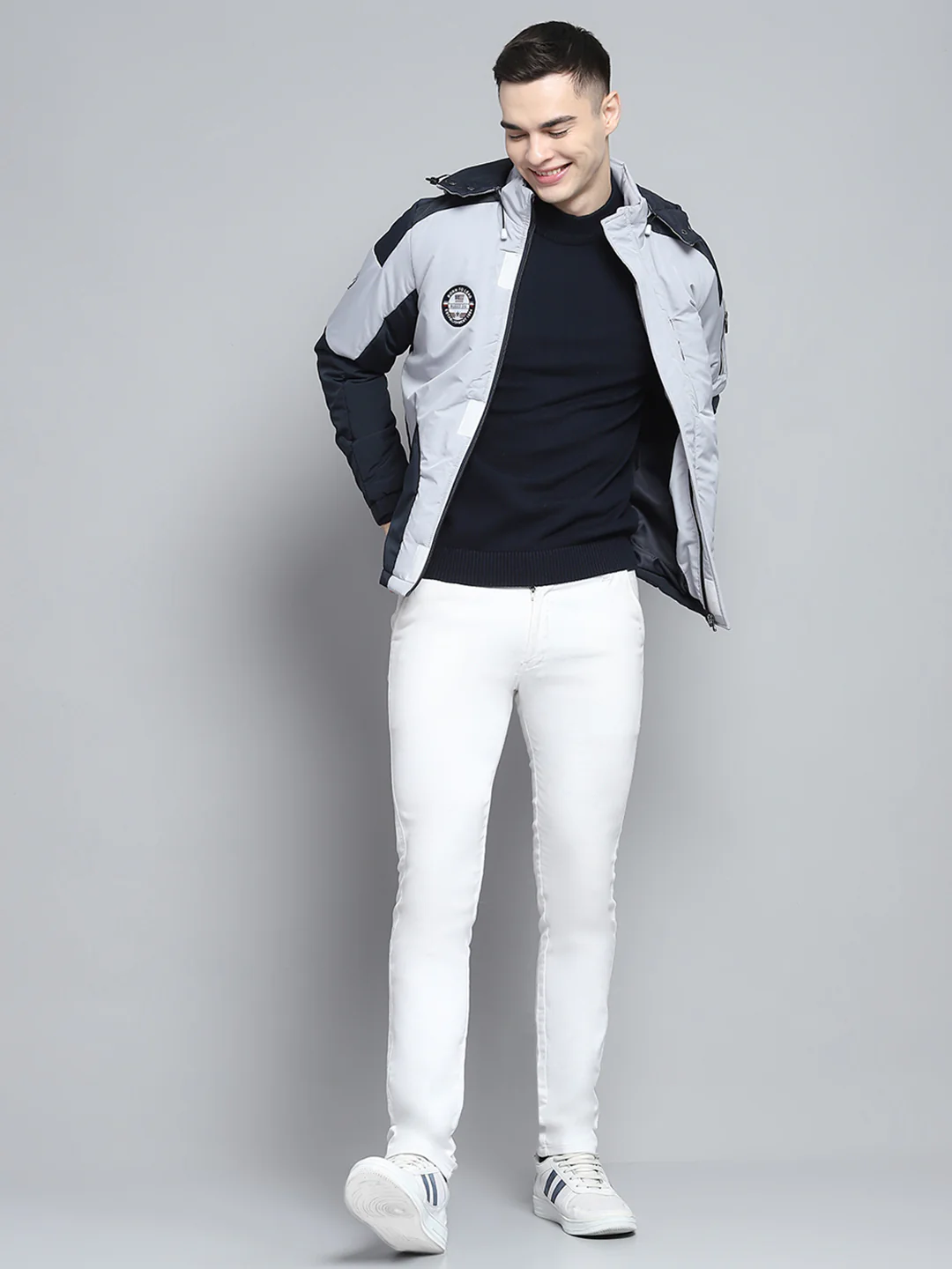 Men Grey Solid Hooded Full Sleeve Jacket - Image 2