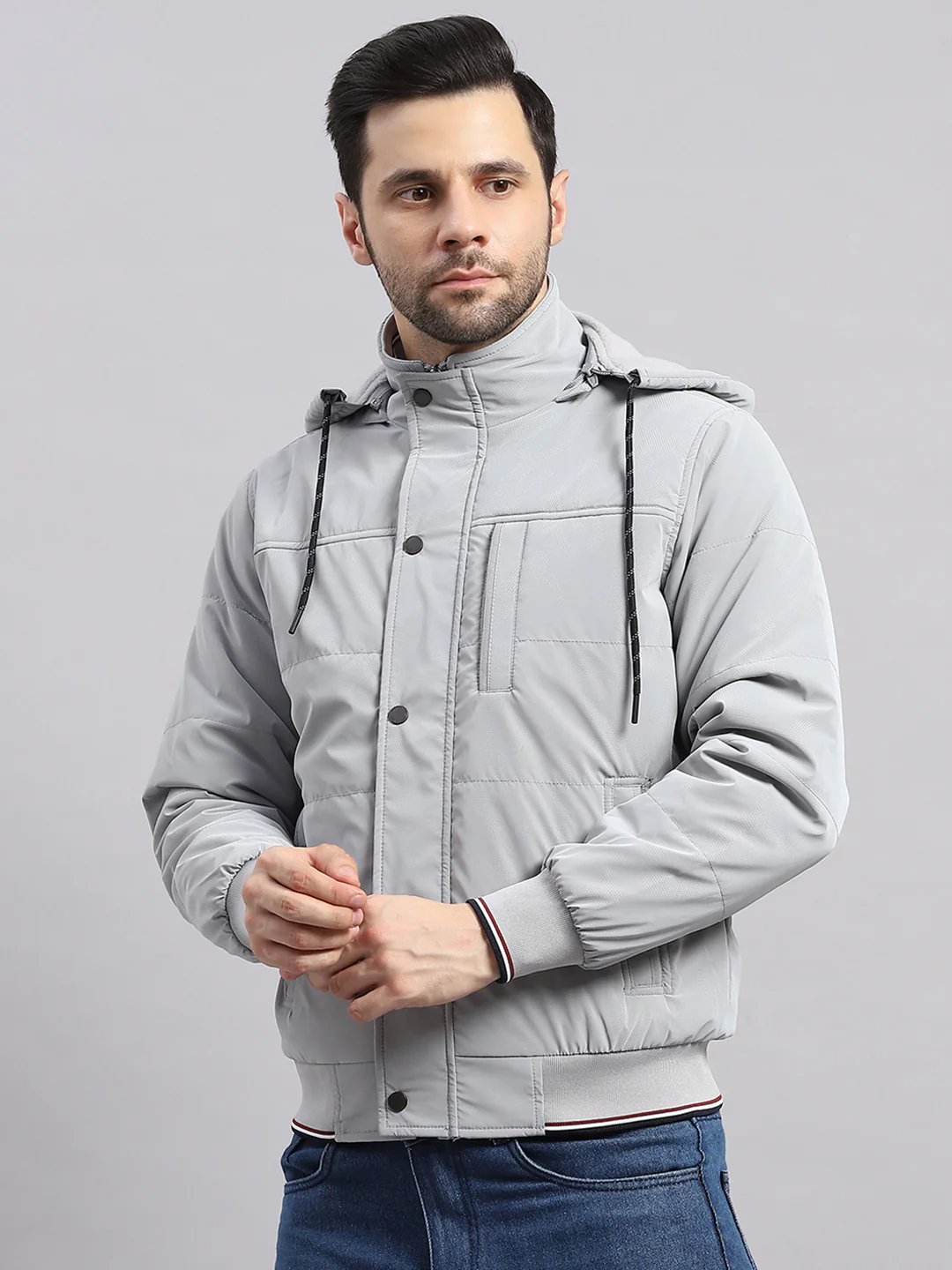 Men Grey Solid Hooded Full Sleeve Jacket - Image 3