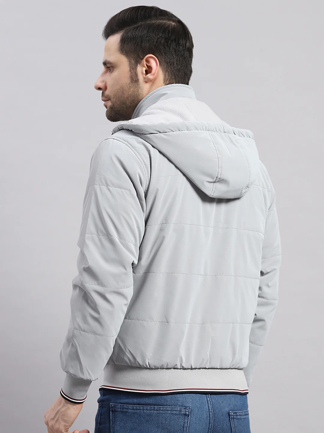 Men Grey Solid Hooded Full Sleeve Jacket - Image 5
