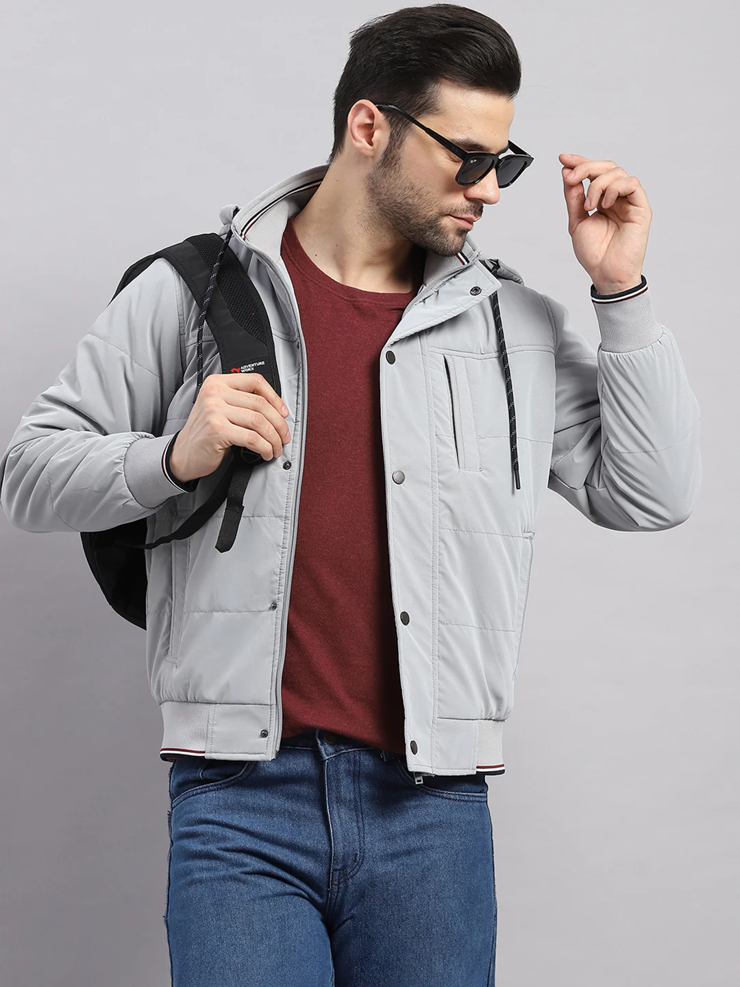 Men Grey Solid Hooded Full Sleeve Jacket - Image 6