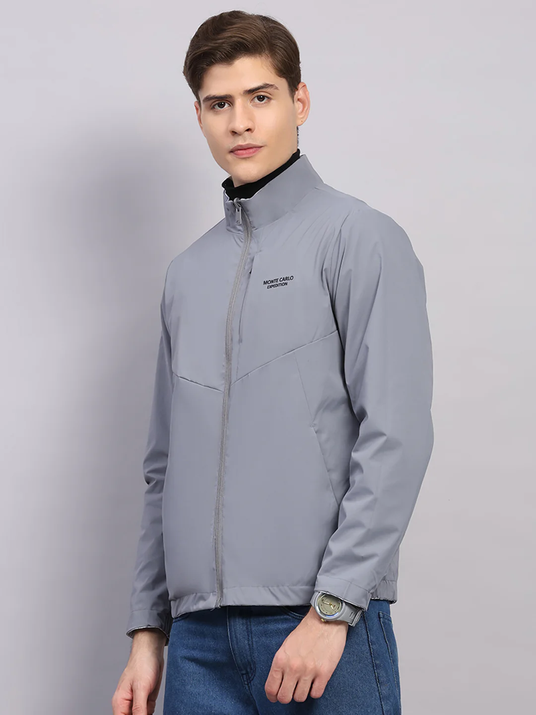 Men Grey Solid Hooded Full Sleeve Jacket - Image 7