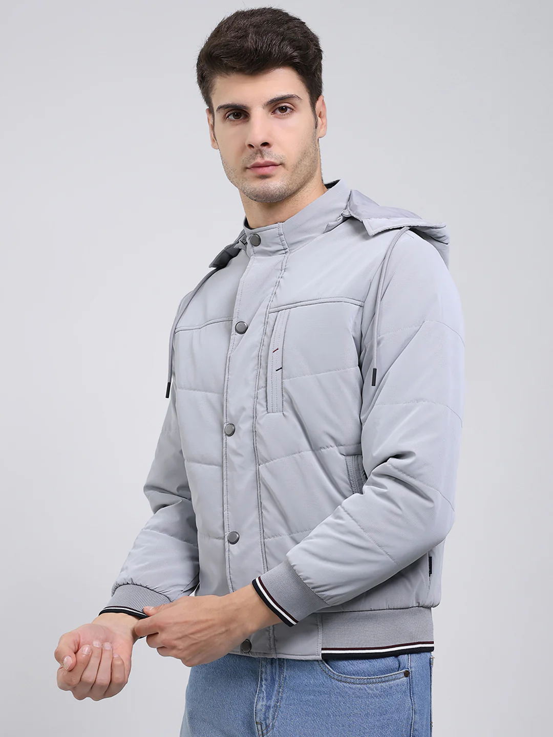 Men Grey Solid Hooded Full Sleeve Jacket - Image 3
